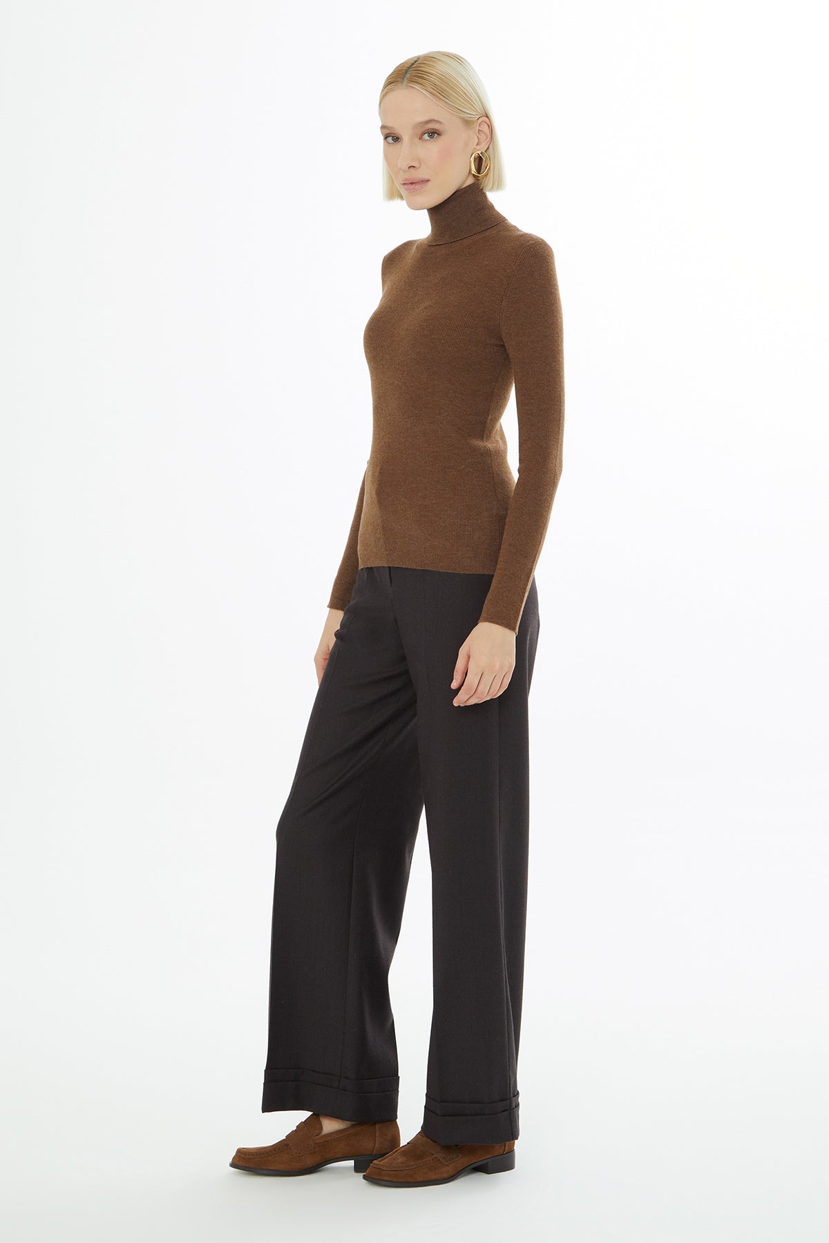 Beige High-Neck Knit Sweater