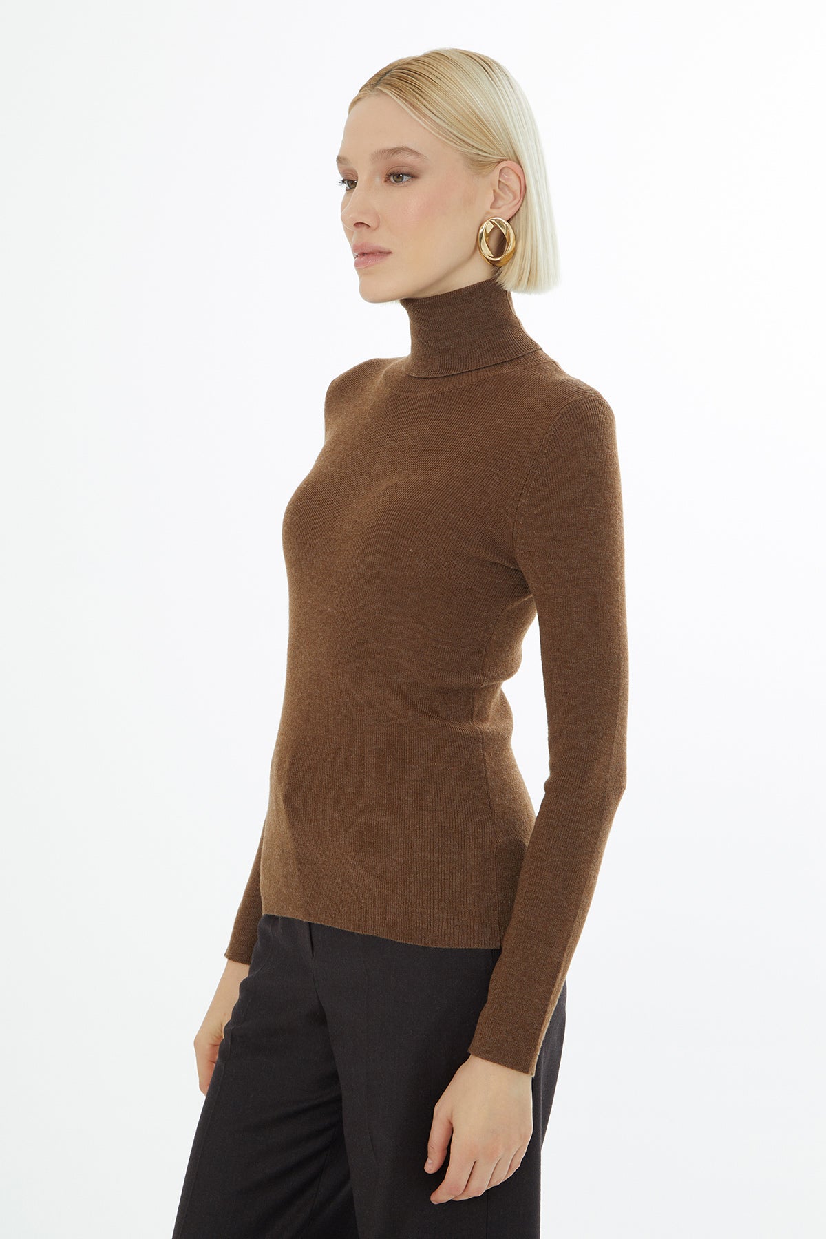 Beige High-Neck Knit Sweater