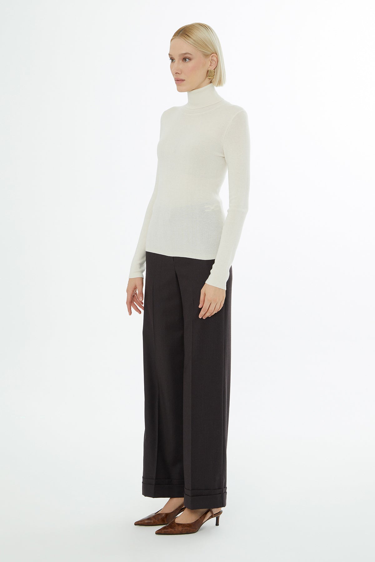 Ecru High-Neck Knit Sweater