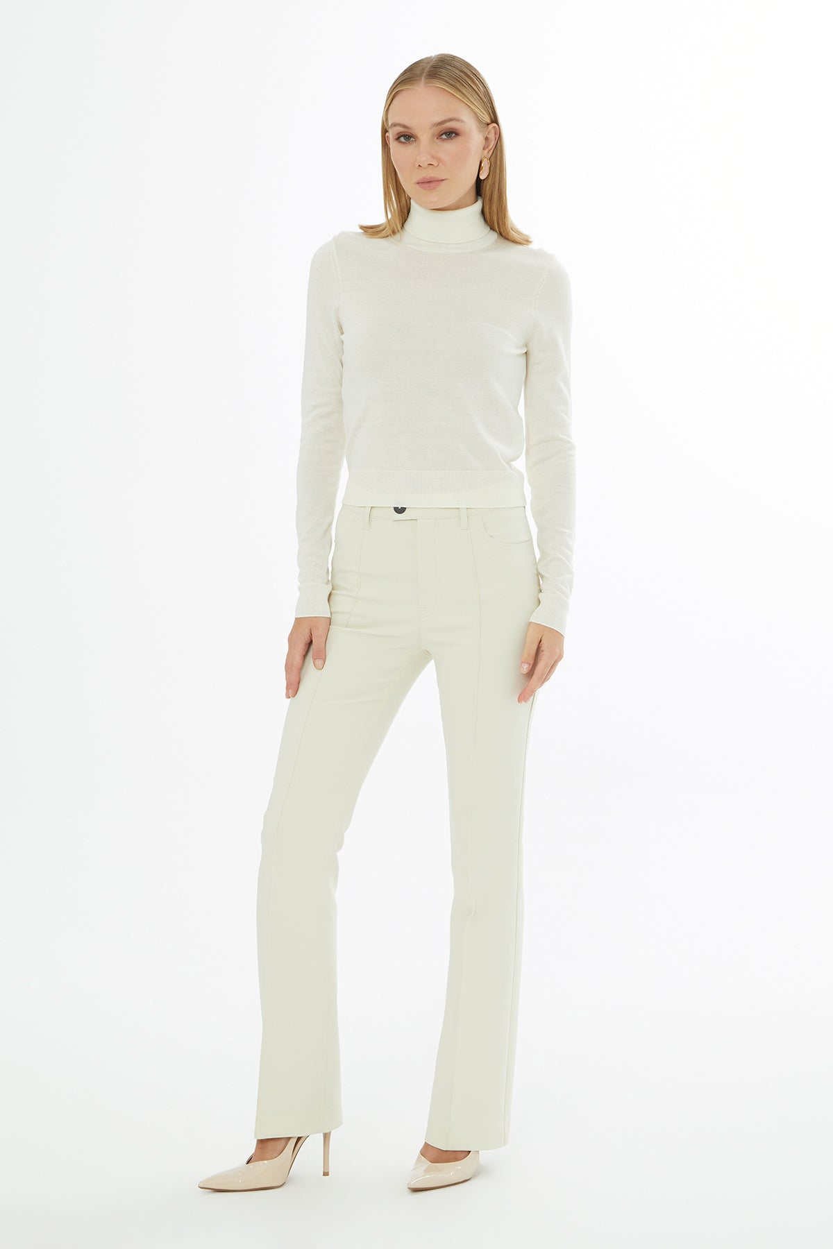 Ecru Turtleneck Knit Sweater