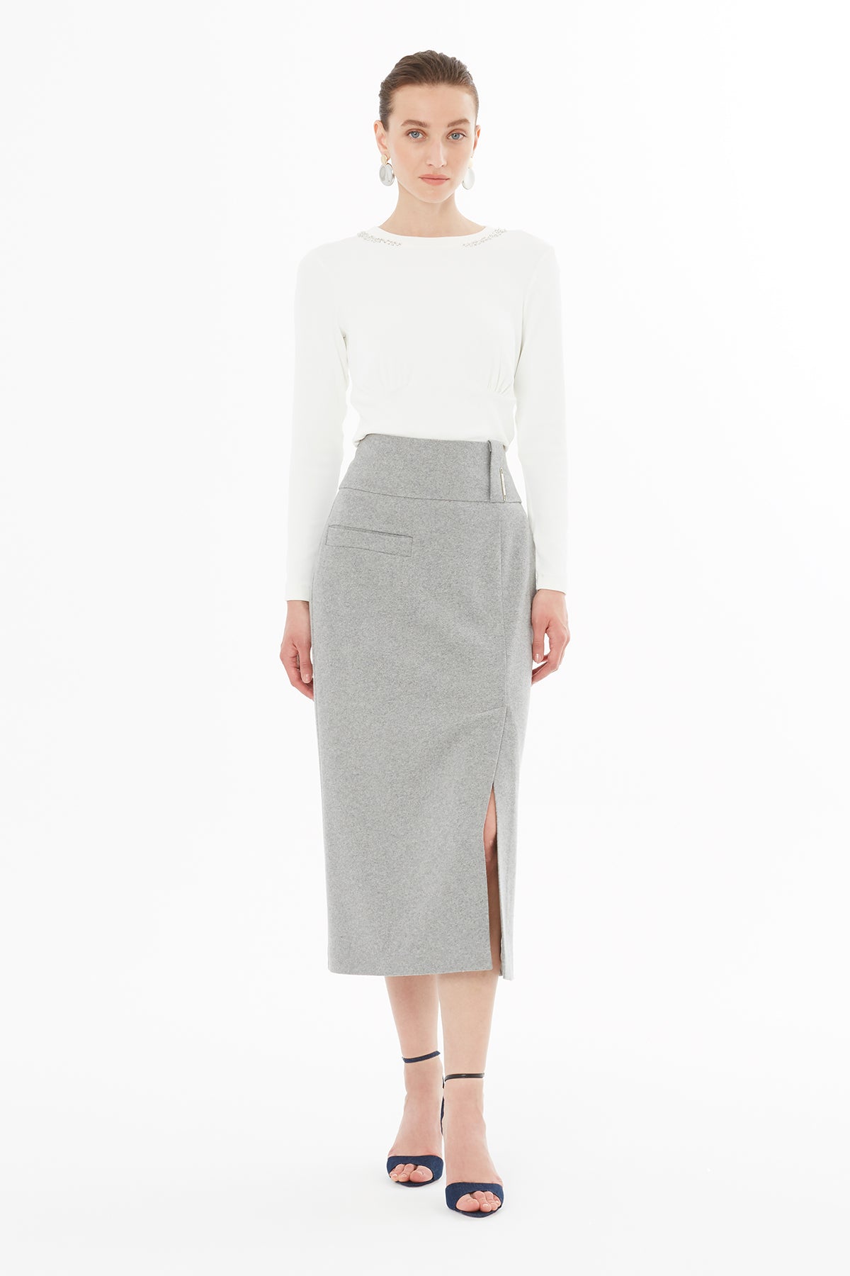 Skirt with Front Slit, Pockets and Belt Detail N
