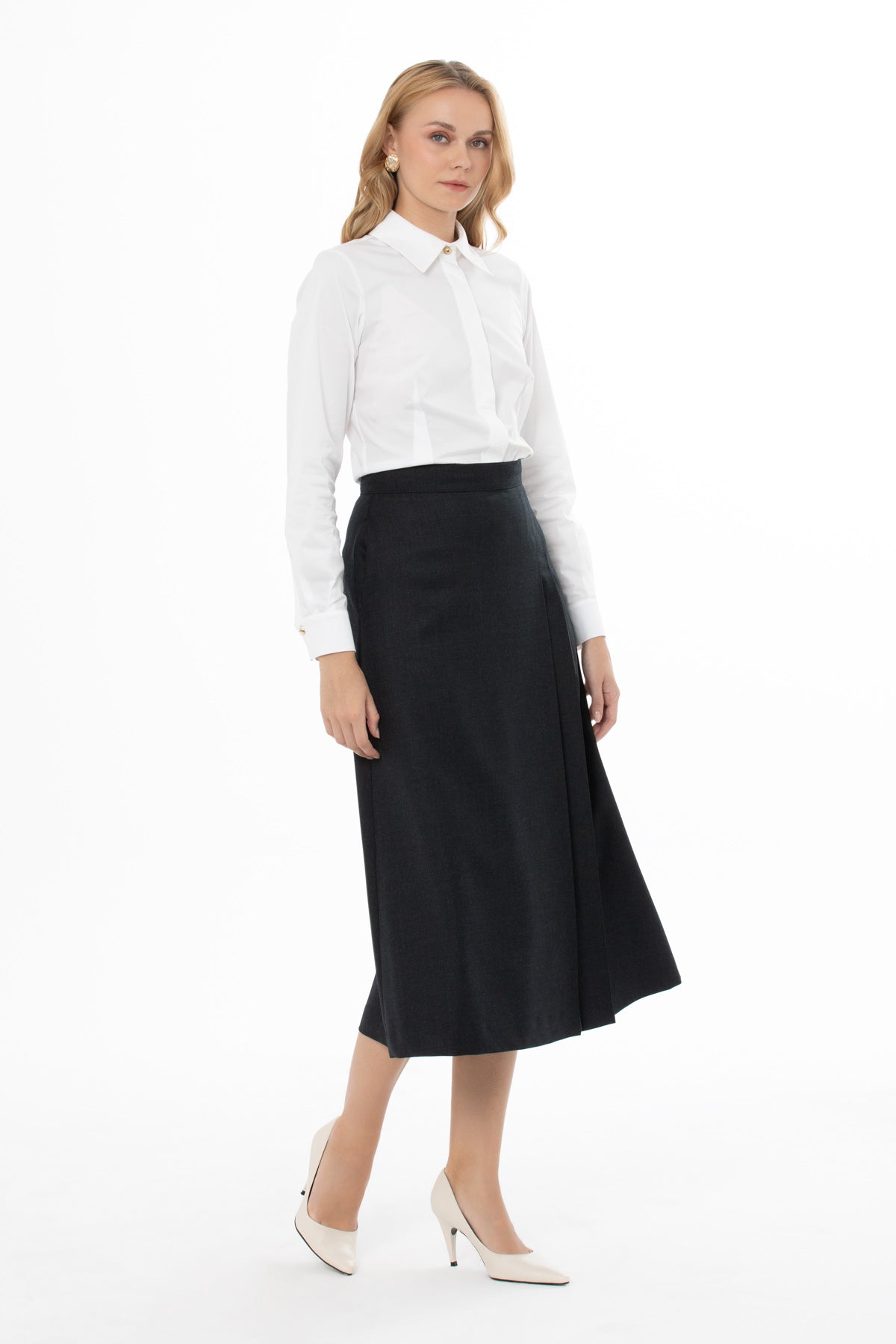 Grey Midi Skirt with Back Zipper