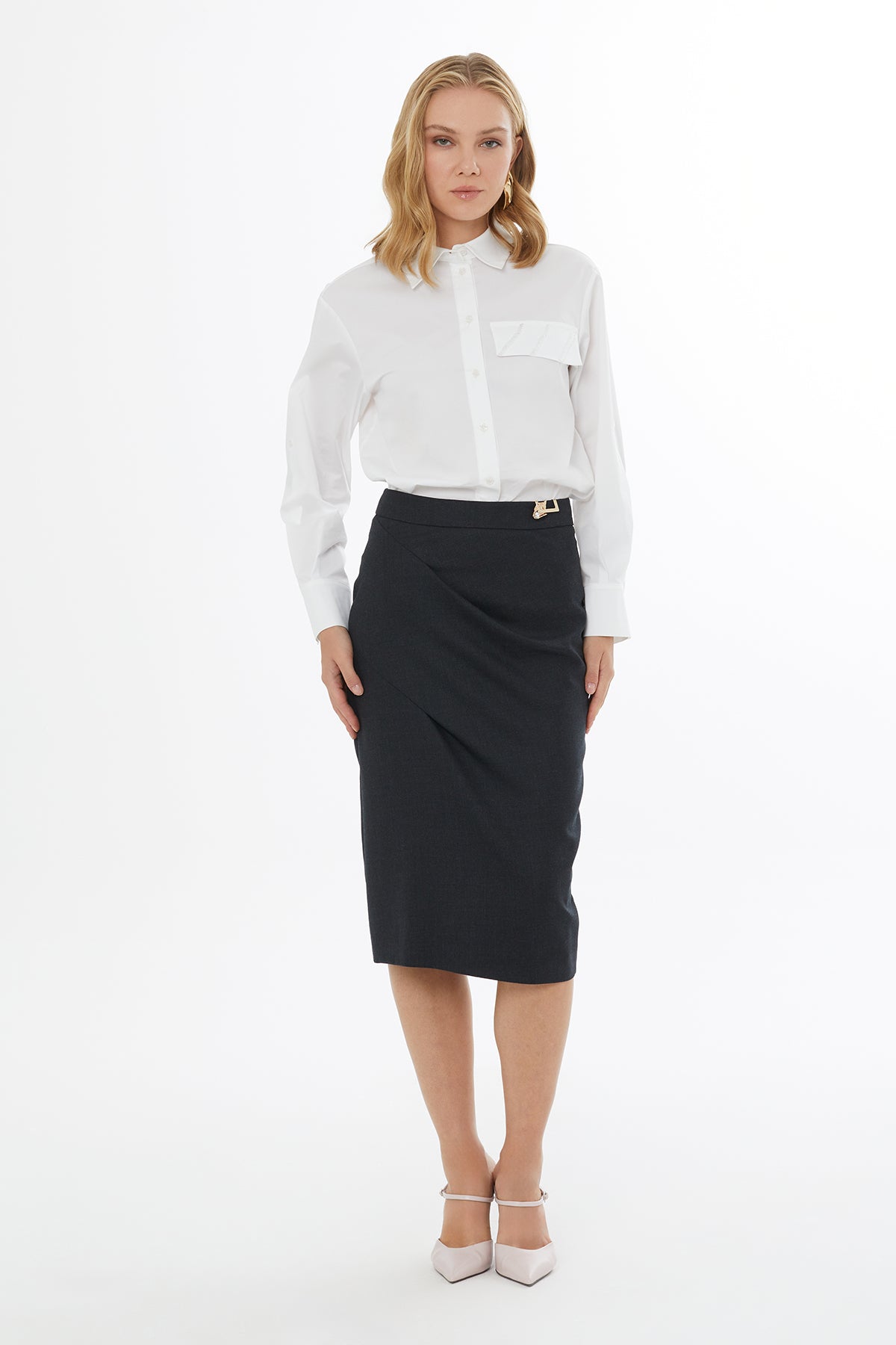 Grey Midi Skirt with Waist Detail