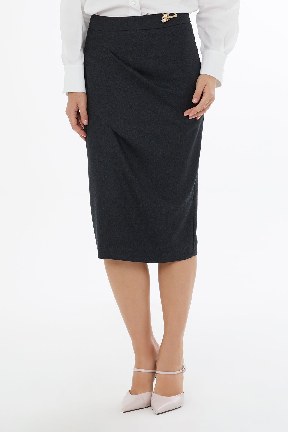 Grey Midi Skirt with Waist Detail