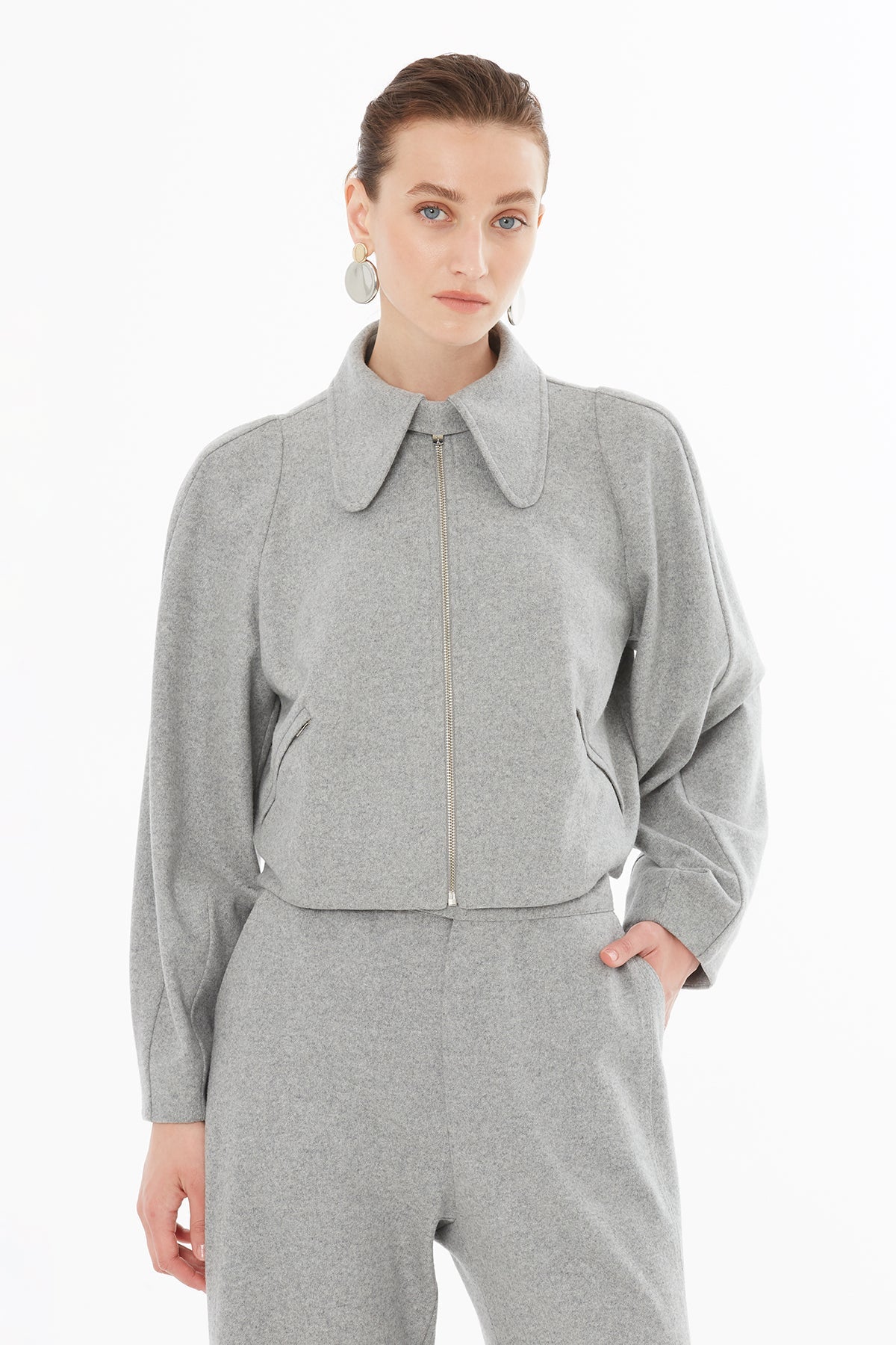 Grey Peter Pan Collar Wool-Blend Sweatshirt