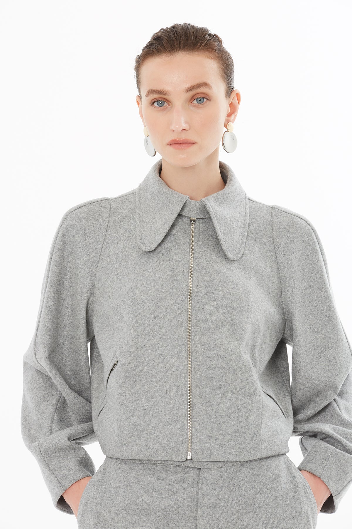Grey Peter Pan Collar Wool-Blend Sweatshirt