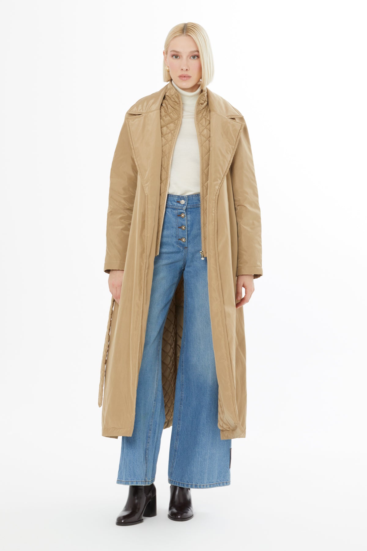 Belted Long Beige Trench Coat