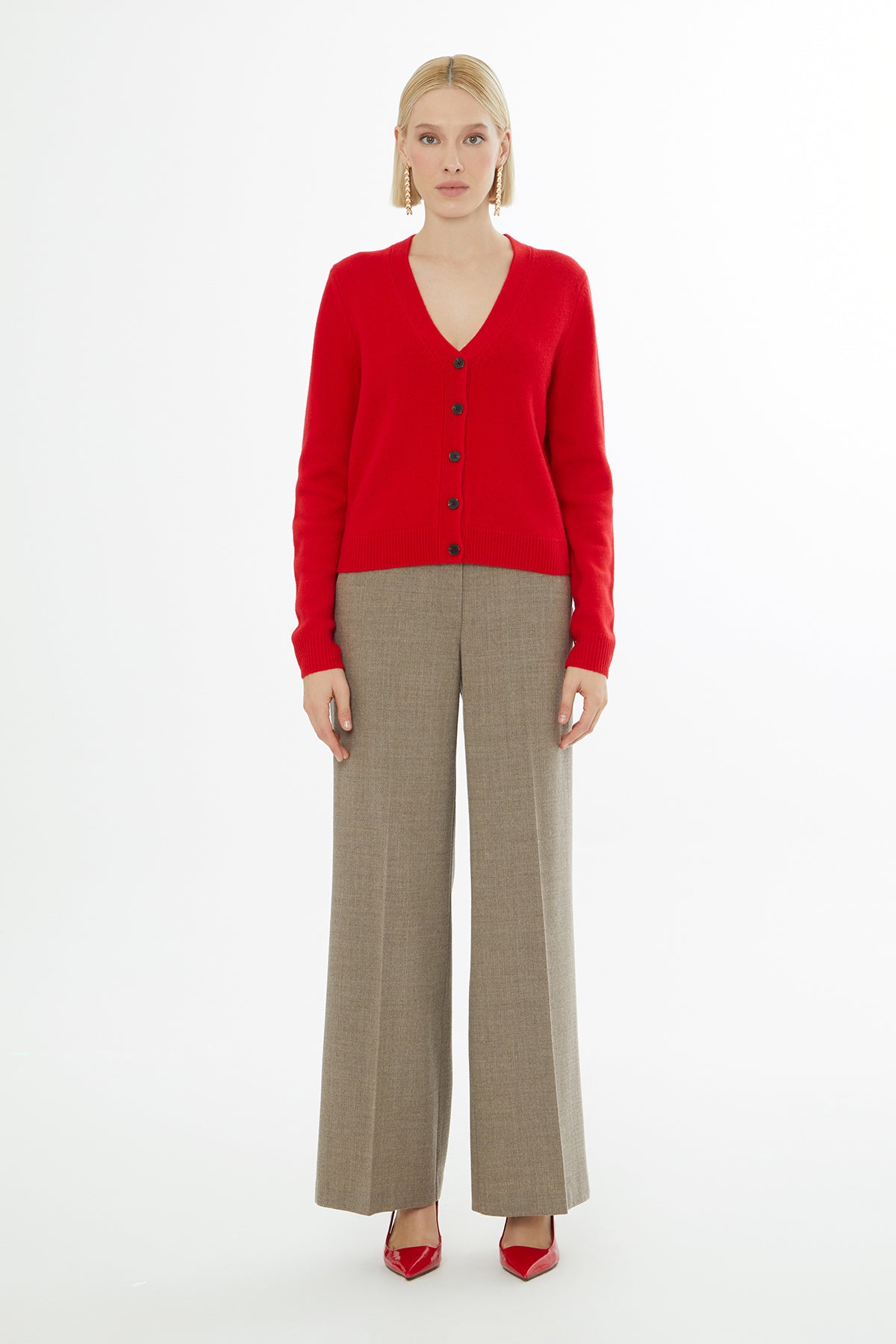Red V-Neck Cardigan with Button Closure
