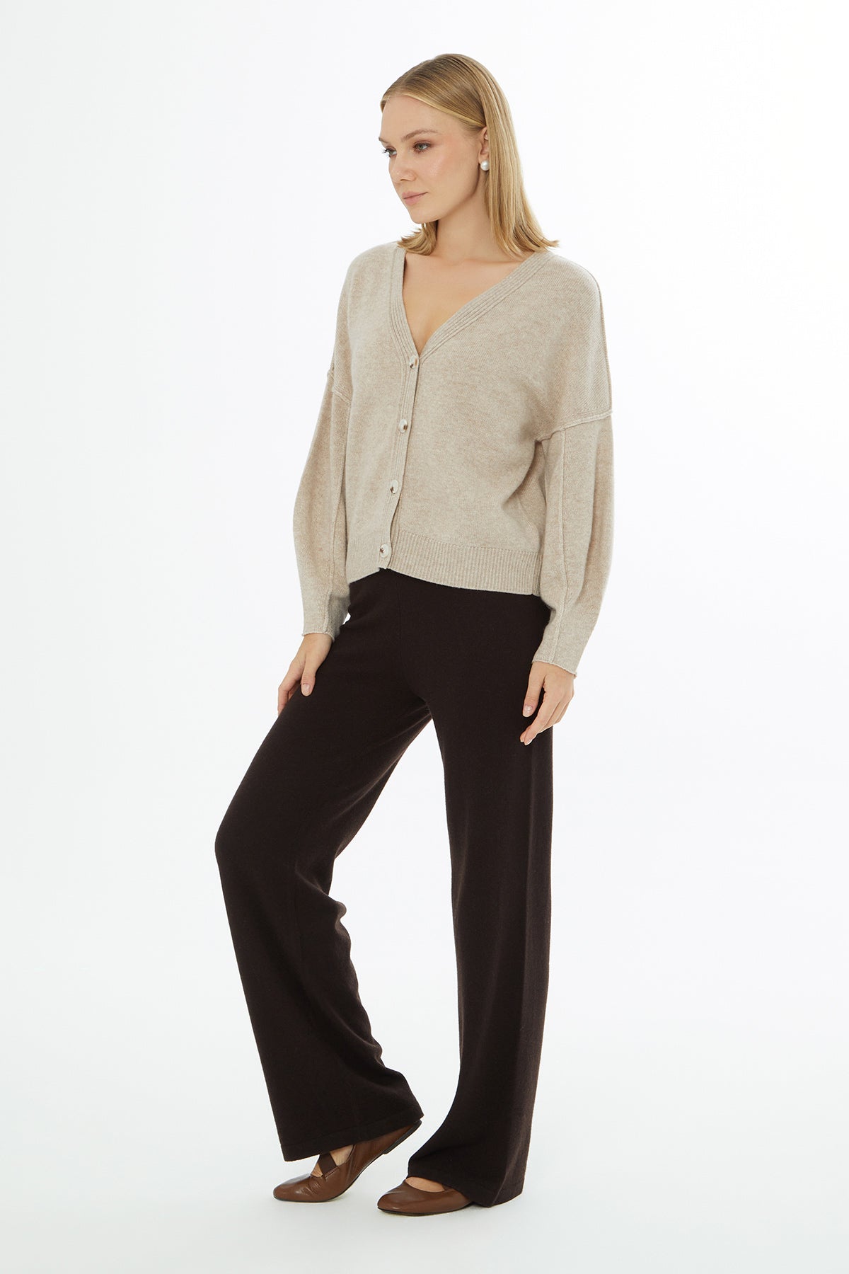 Beige V-Neck Cardigan with Button Closure