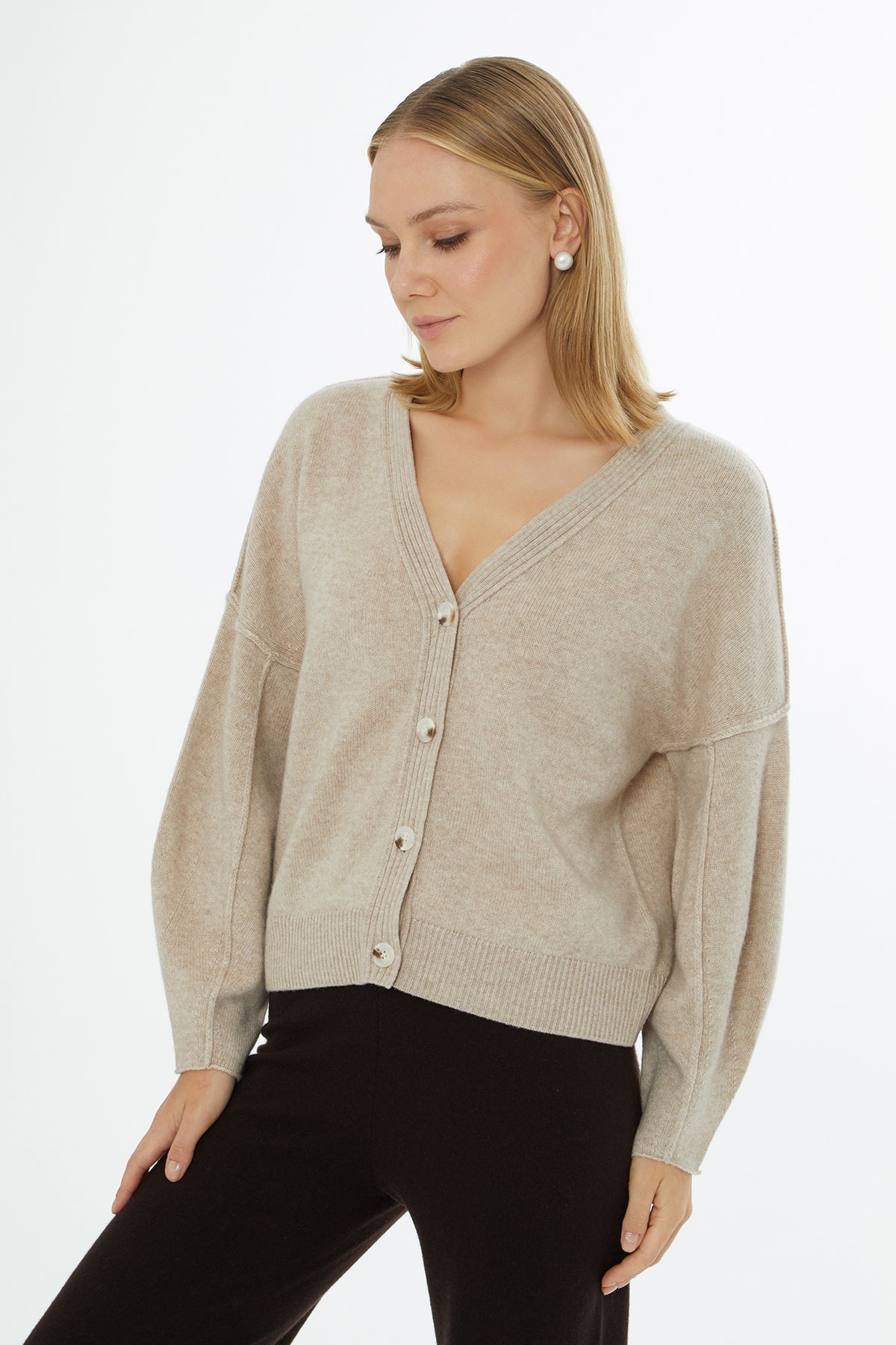 Beige V-Neck Cardigan with Button Closure