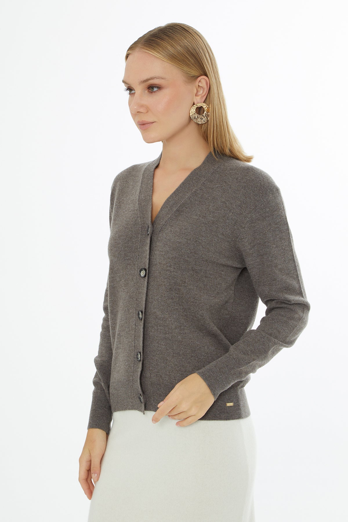 Brown Button-Closure V-Neck Cardigan