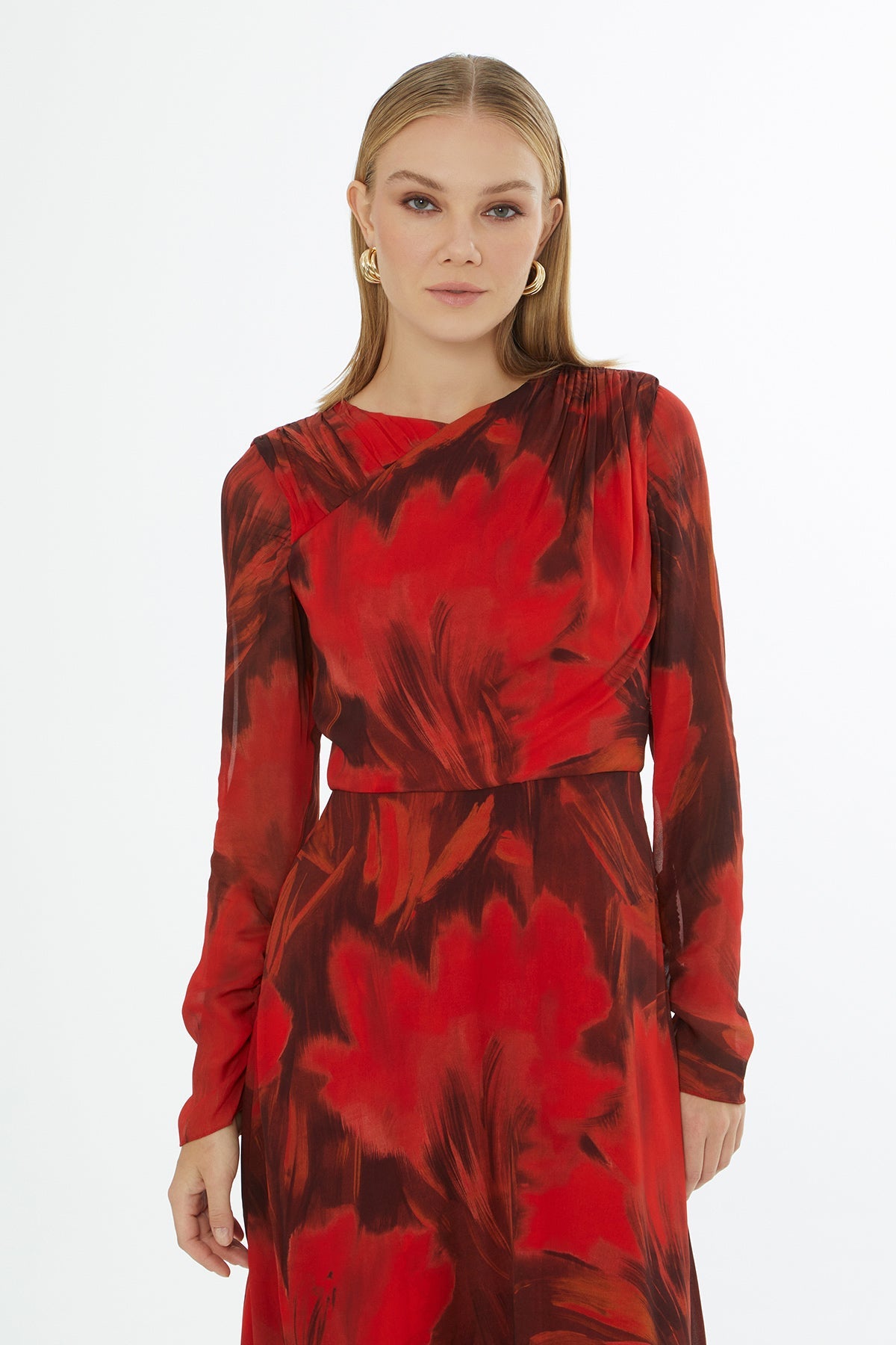 Printed Midi Dress with Shoulder Gathering
