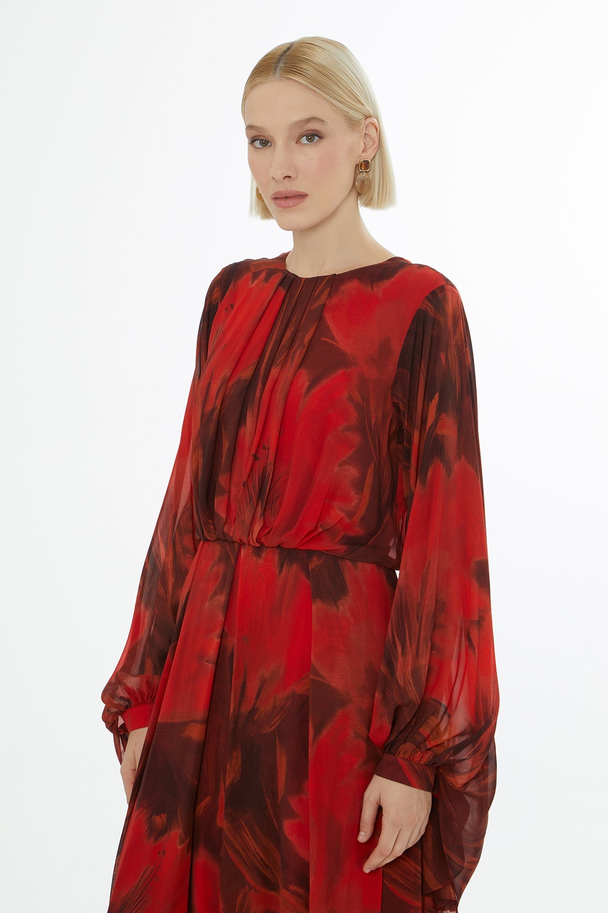 Patterned Long-Sleeve Long Dress