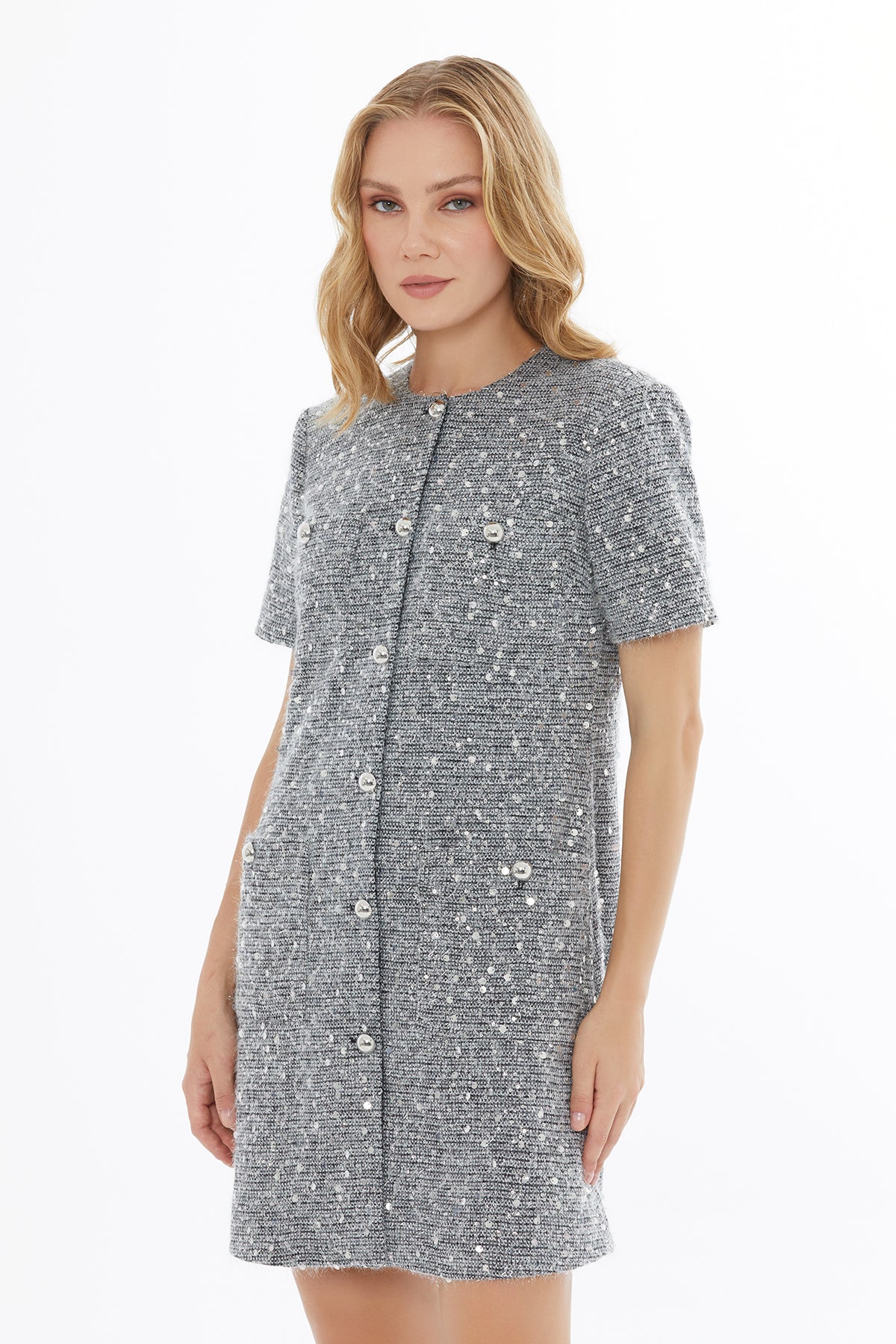 Button Closure Short Sleeve Crew Neck Dress N