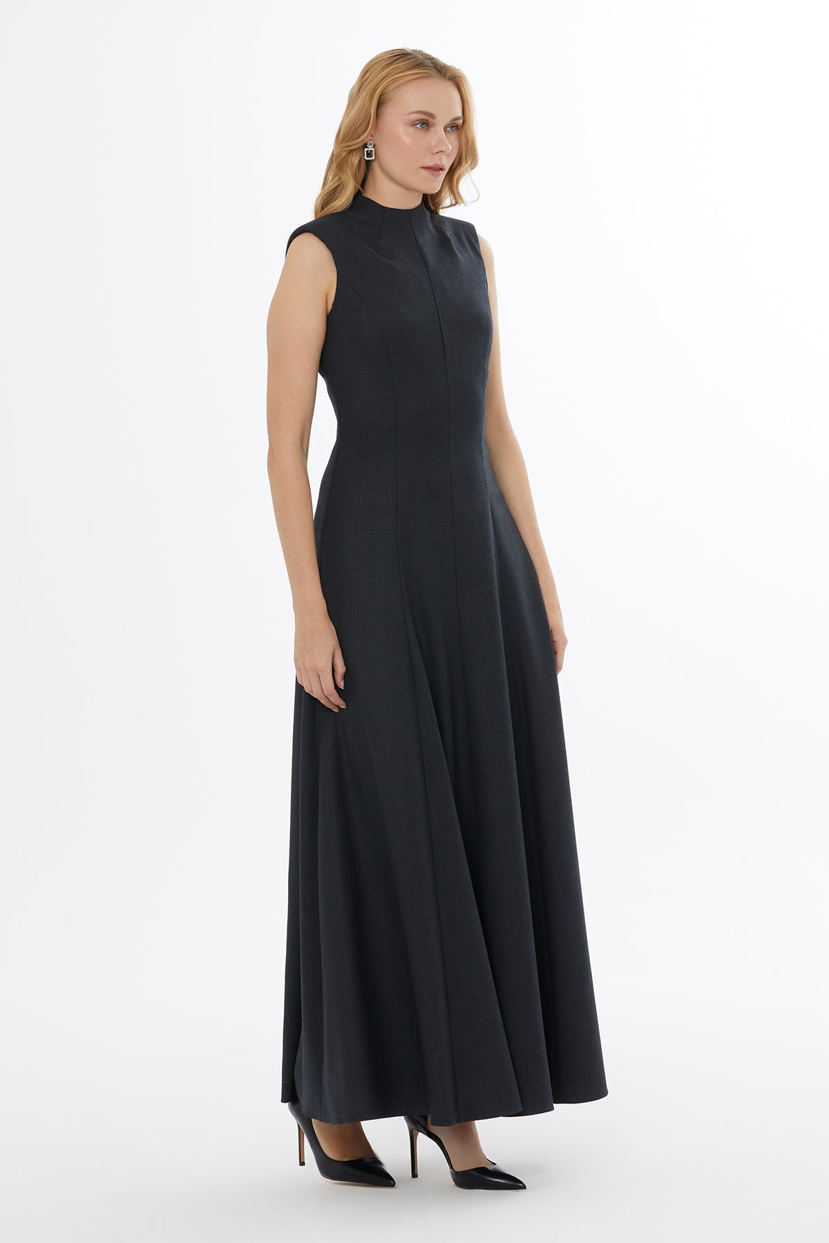 Gray Crew Neck Long Dress