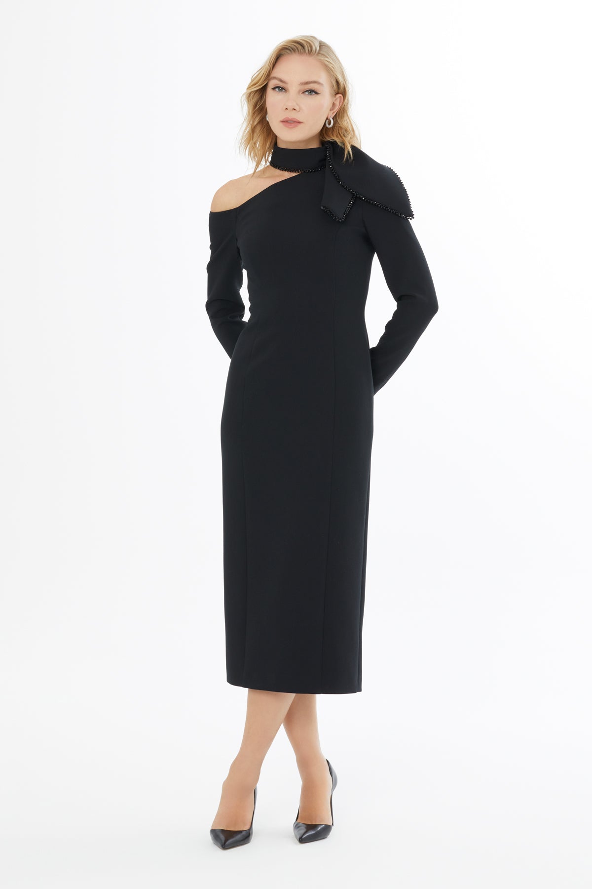 Black Embroidered Midi Dress