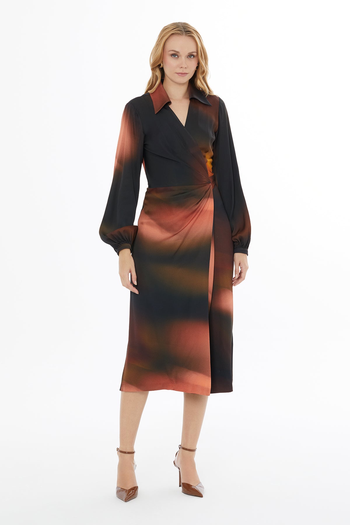 Wrap Buttoned Long-Sleeve Dress N