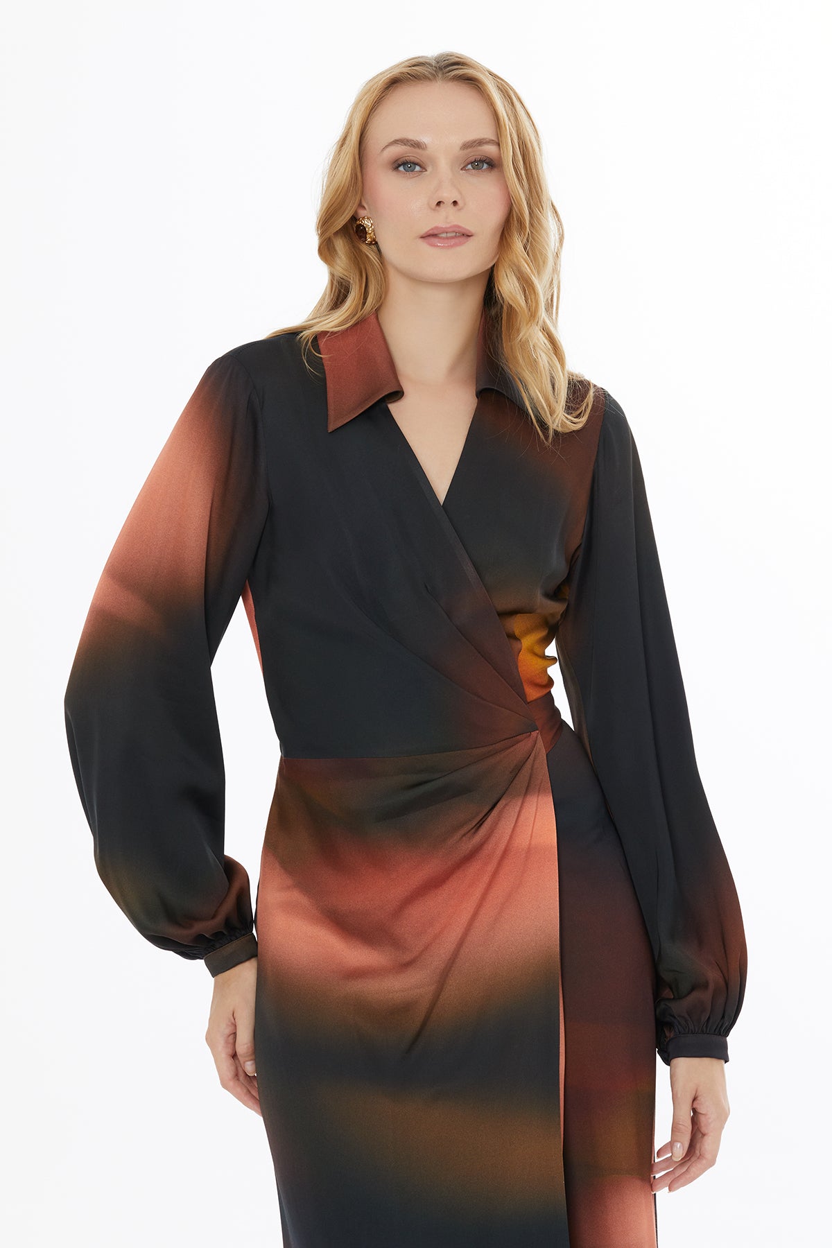 Wrap Buttoned Long-Sleeve Dress N
