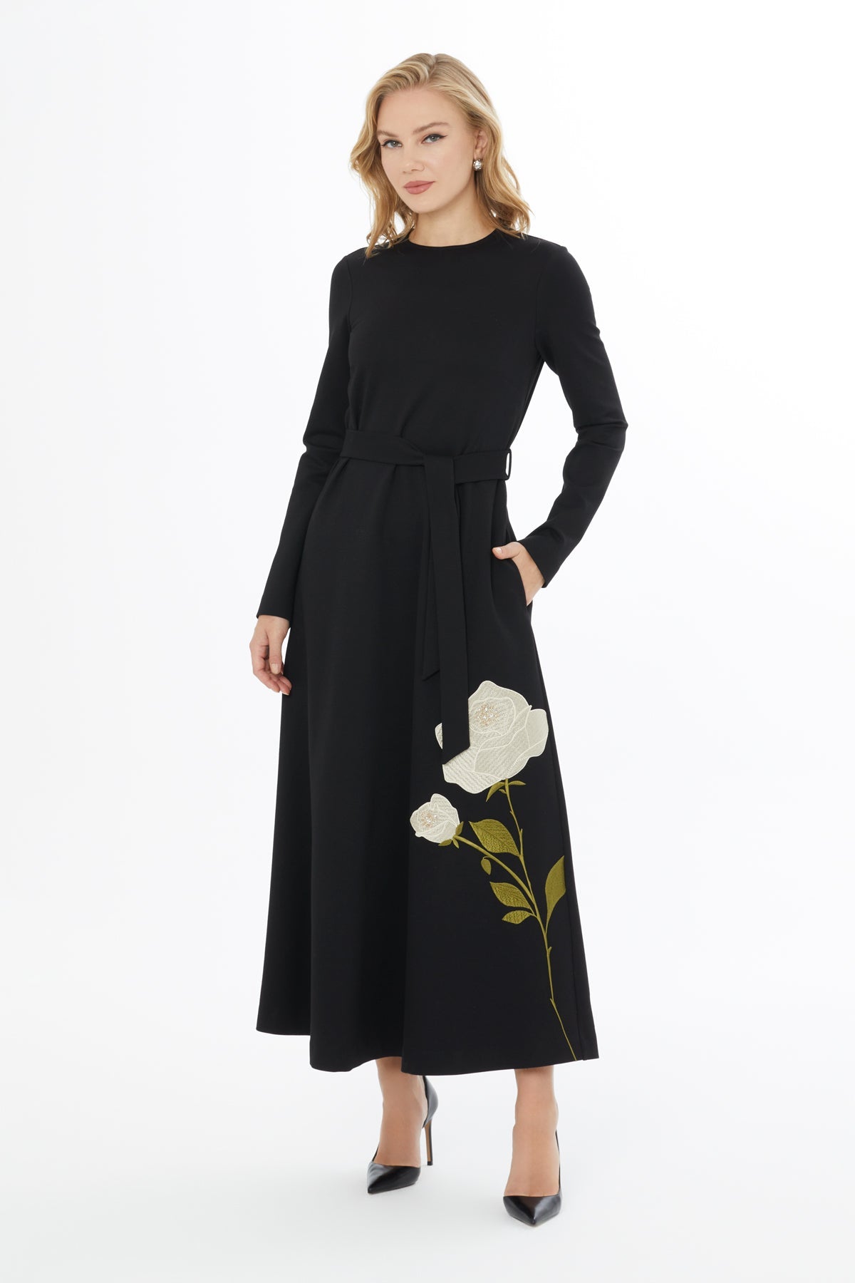 Black Embroidered Floral Maxi Dress