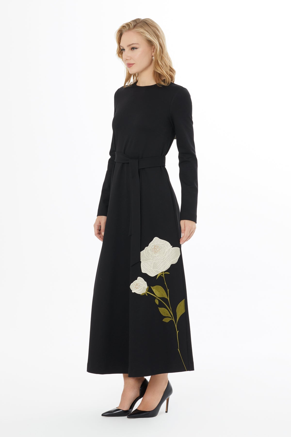 Black Embroidered Floral Maxi Dress