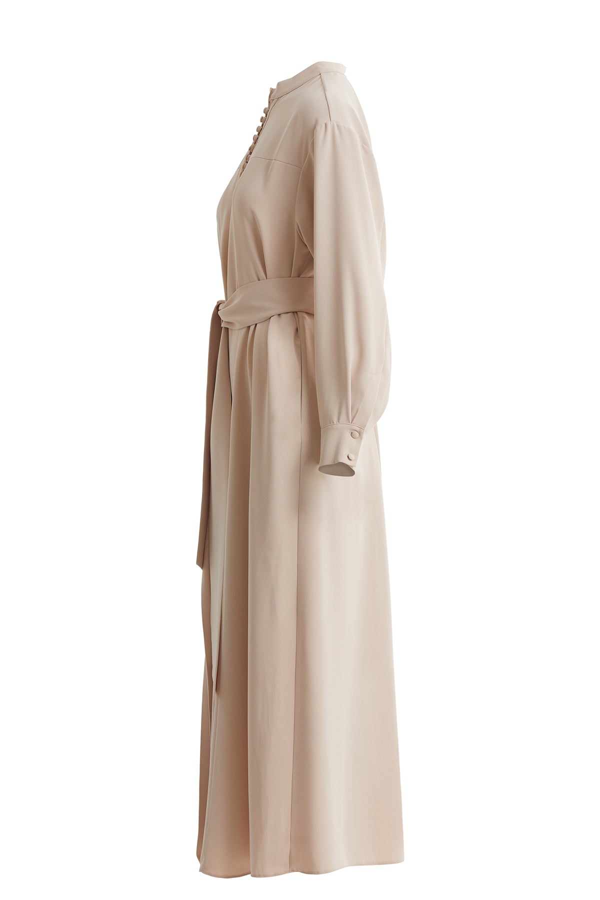 Beige Pleated Belted Long Dress