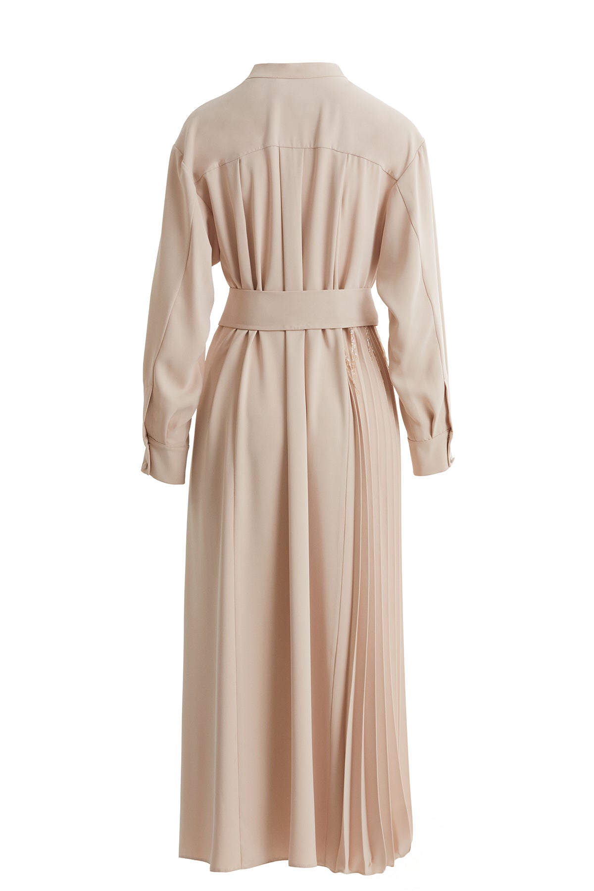Beige Pleated Belted Long Dress