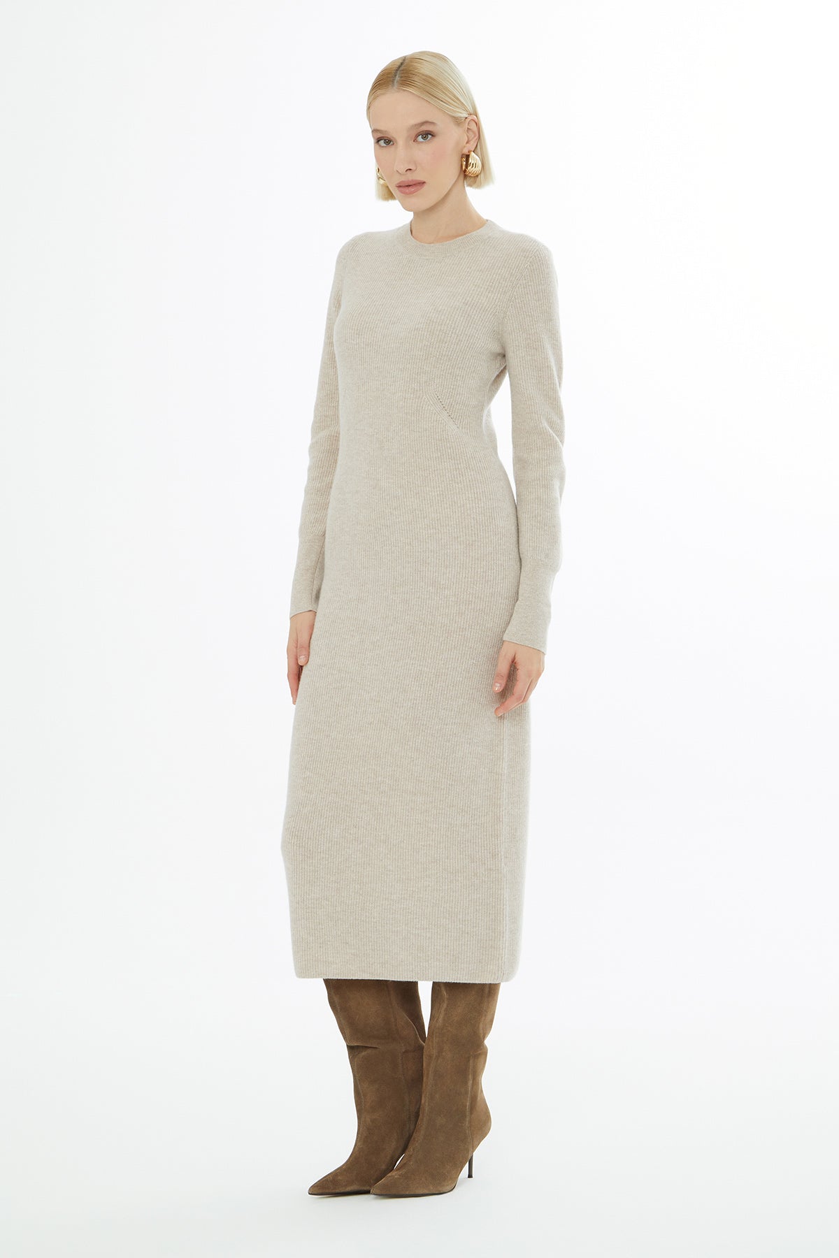 Beige Long-Sleeve Knit Midi Dress