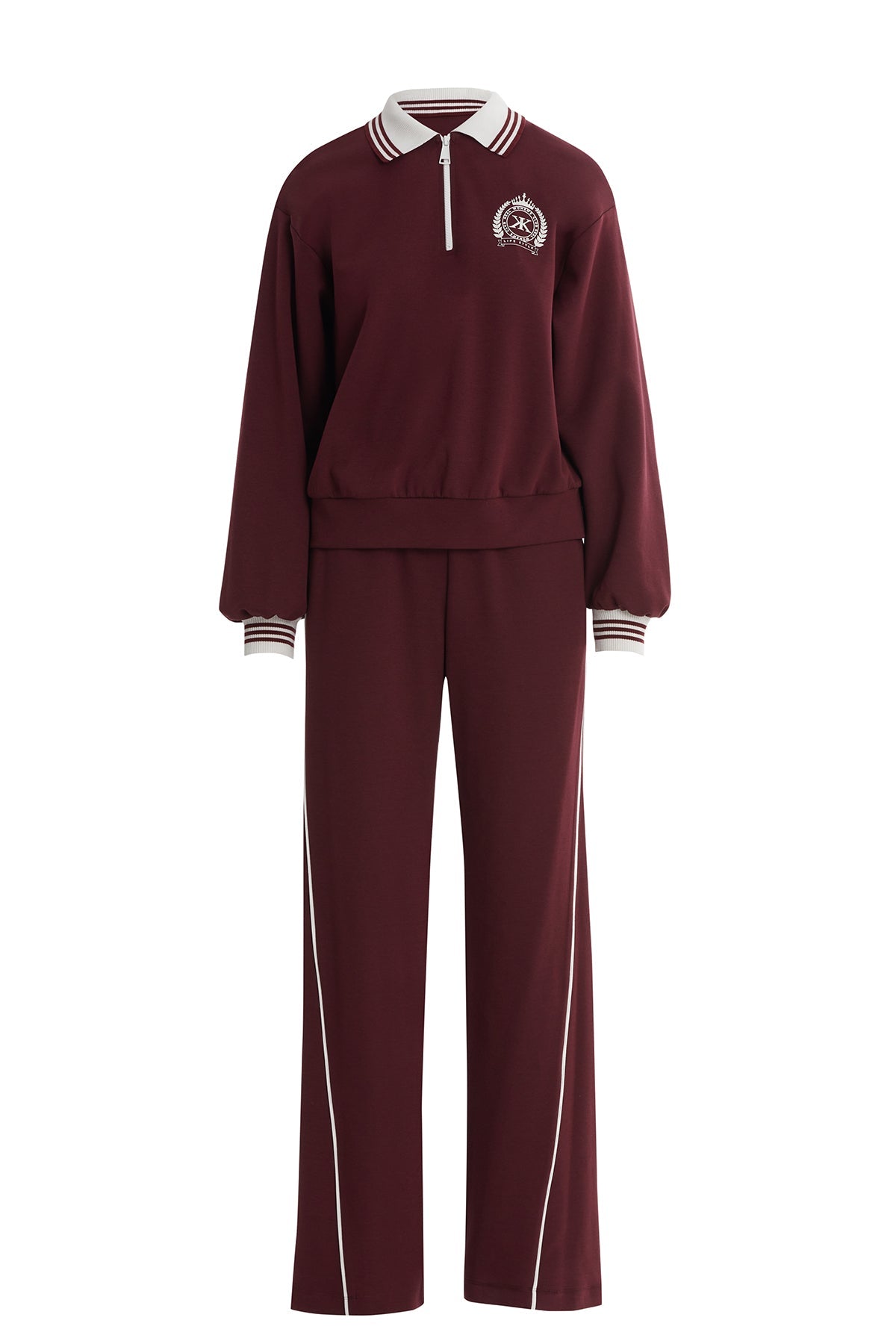 Burgundy Knitted-Collar Tracksuit Set