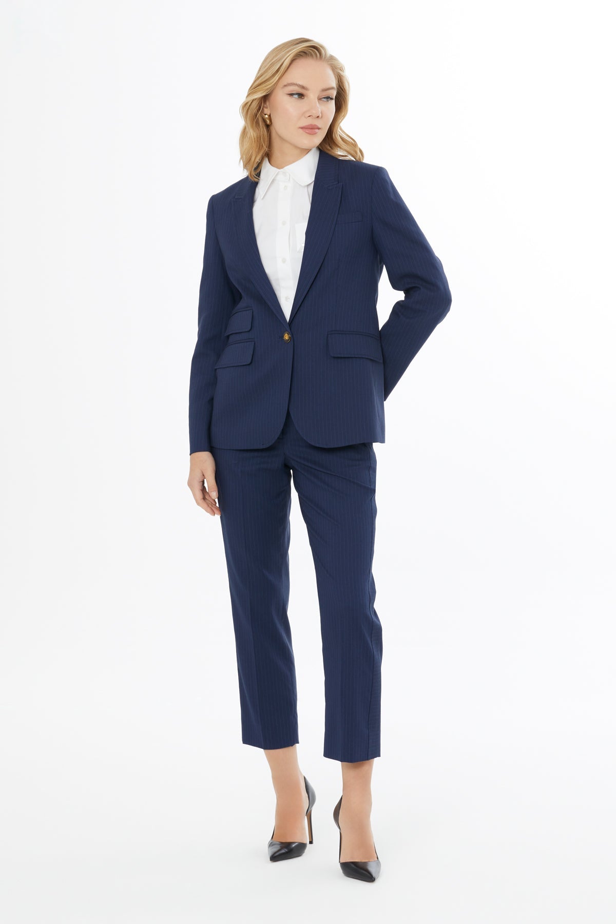 Navy Jacket and Carrot Pants Suit