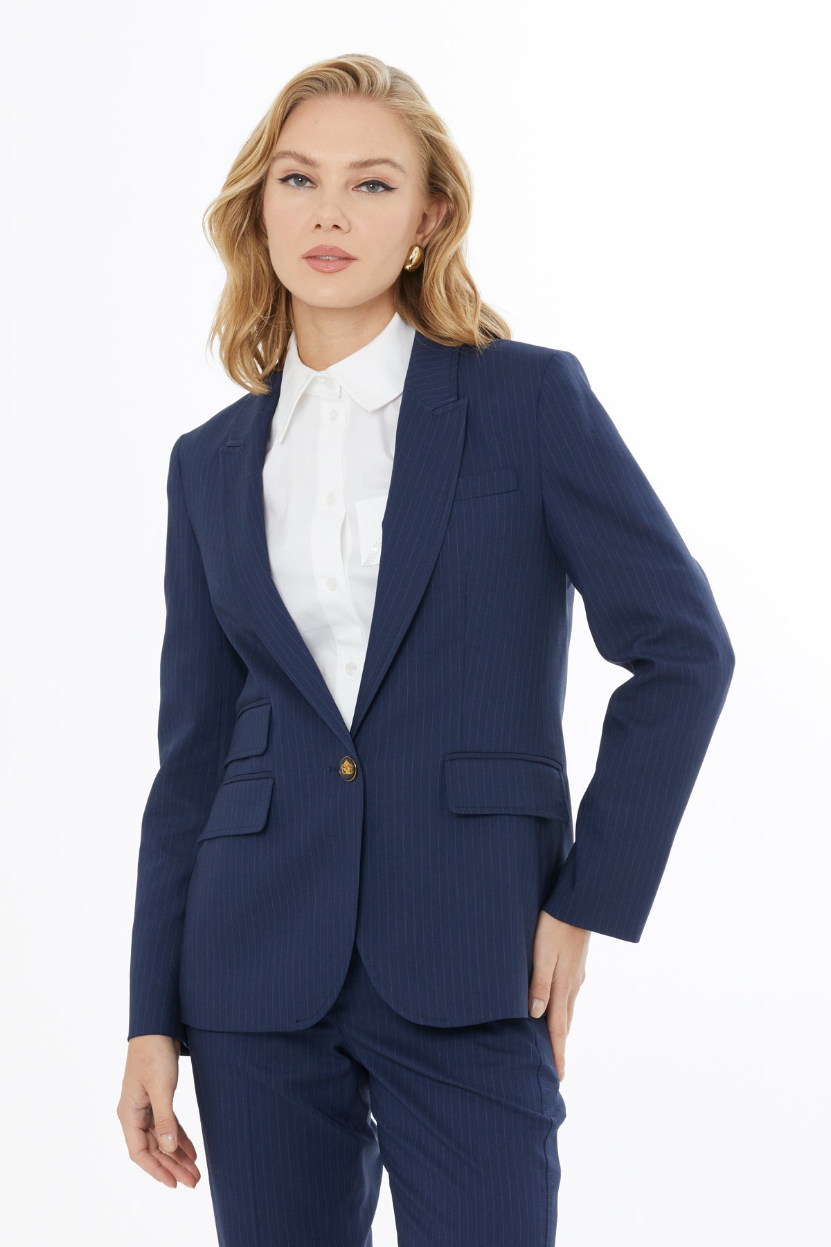 Navy Jacket and Carrot Pants Suit