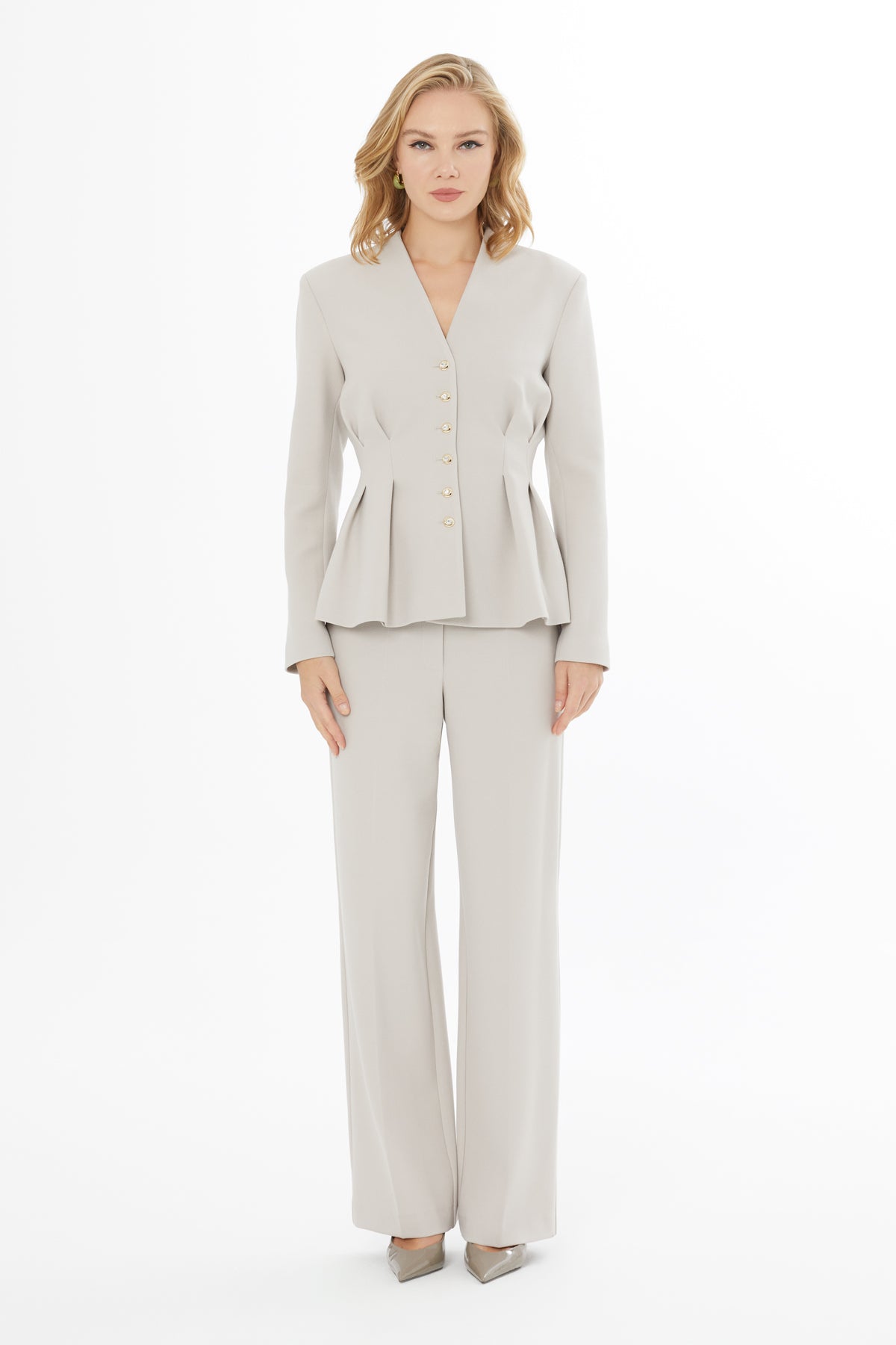 Beige GreyJacket and Carrot Pants Suit
