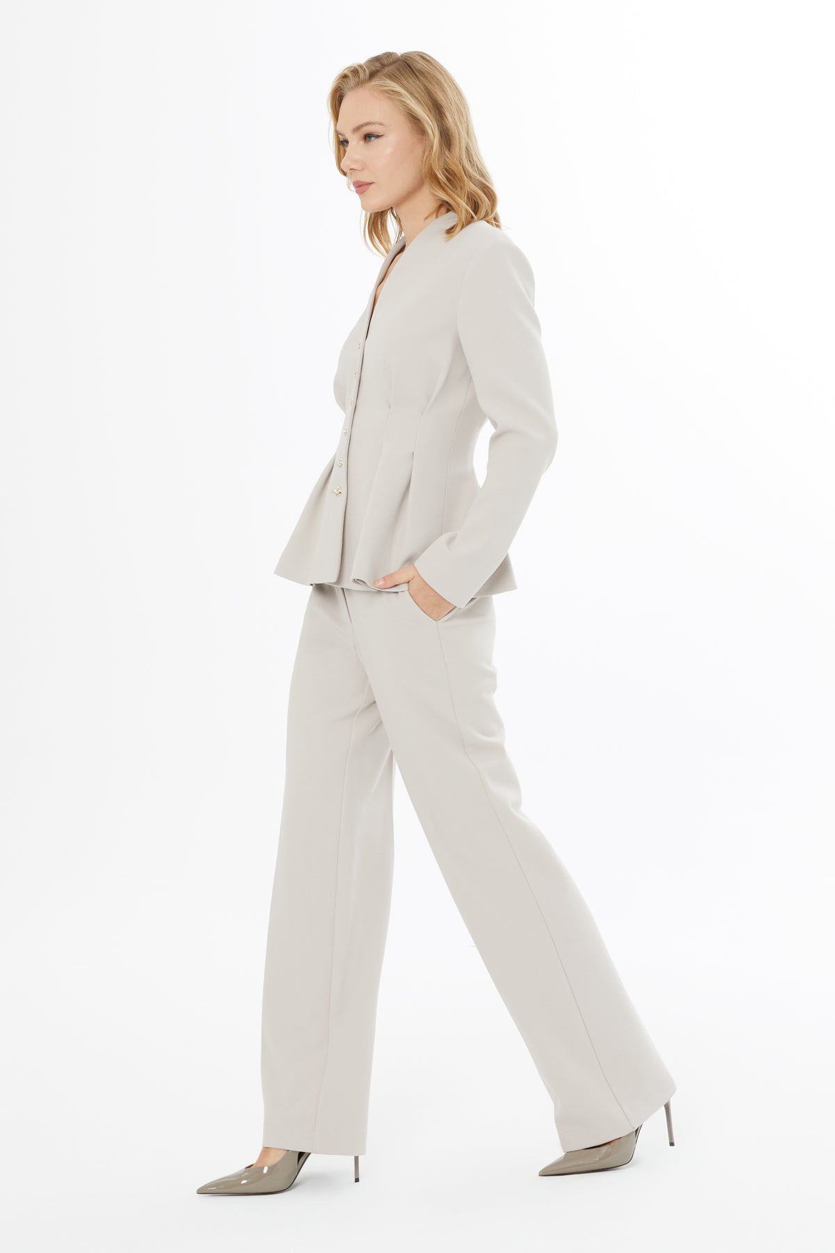 Beige GreyJacket and Carrot Pants Suit