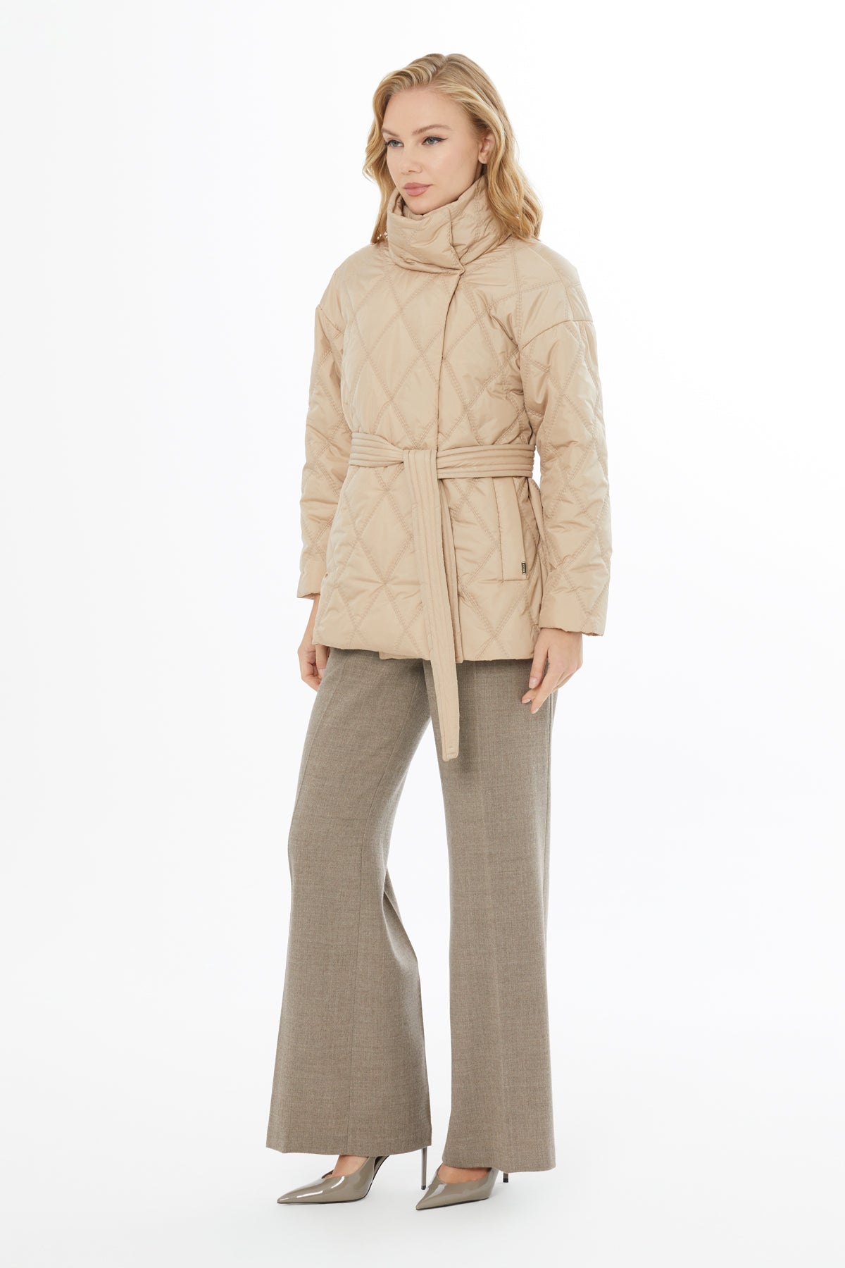 Beige Belted Short Quilted Coat