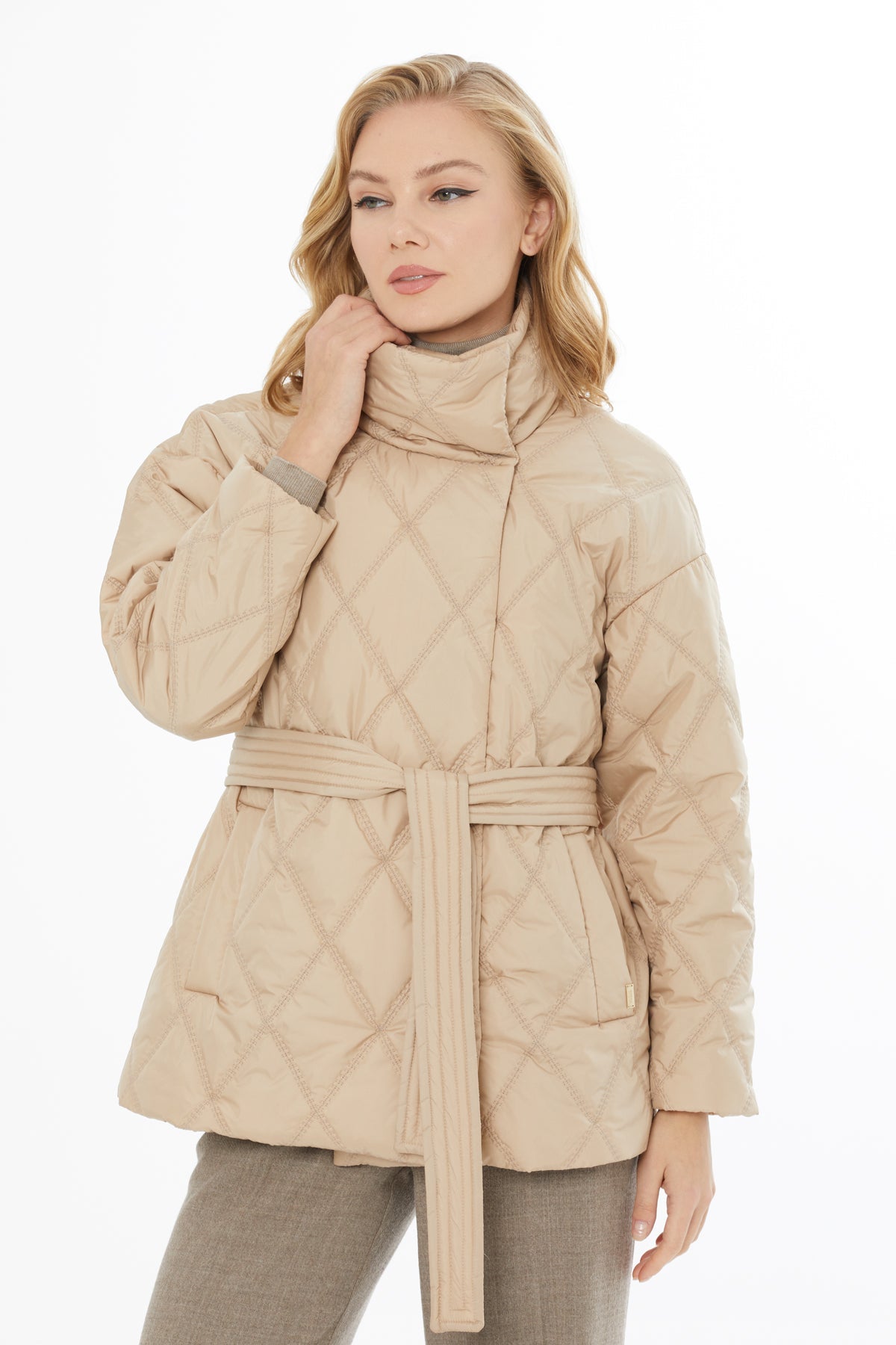 Beige Belted Short Quilted Coat