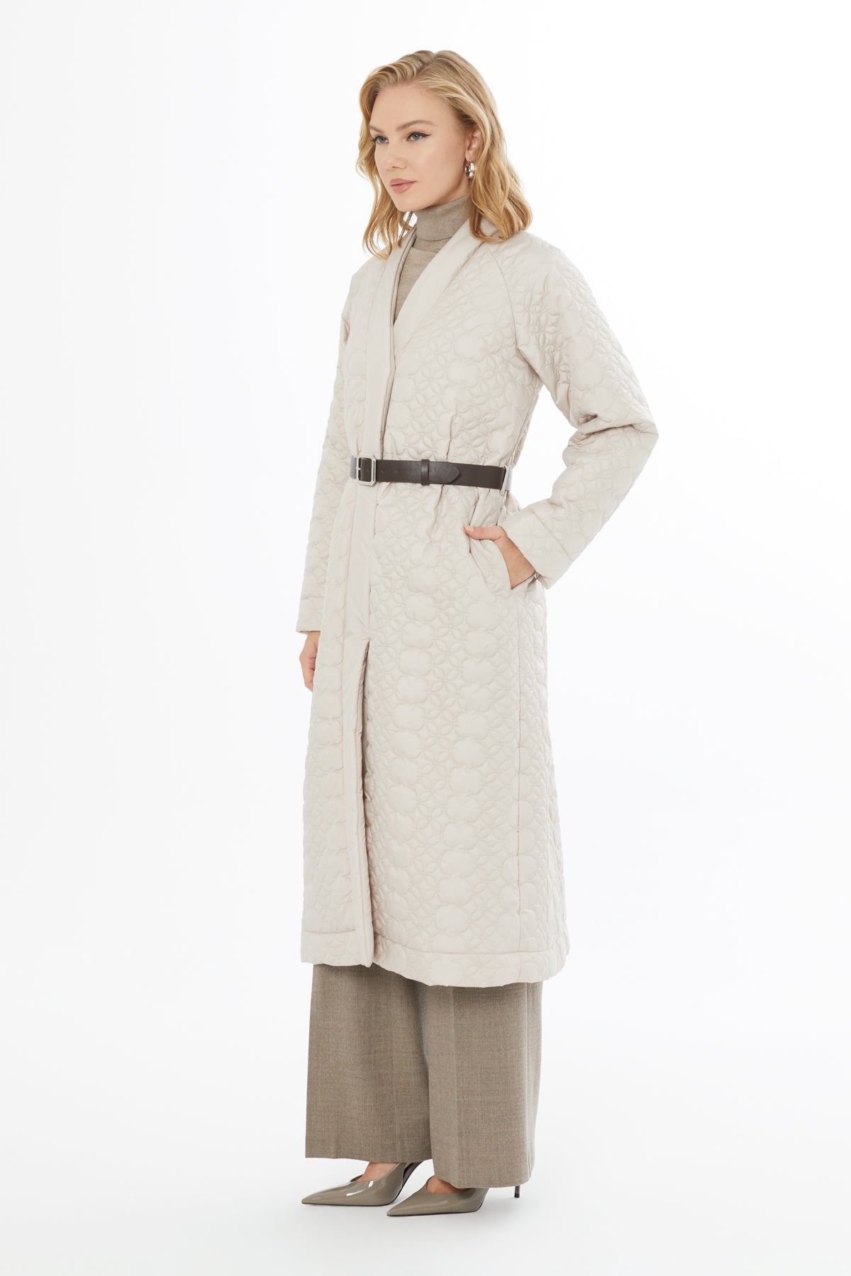 Beige Belted Long Quilted Coat