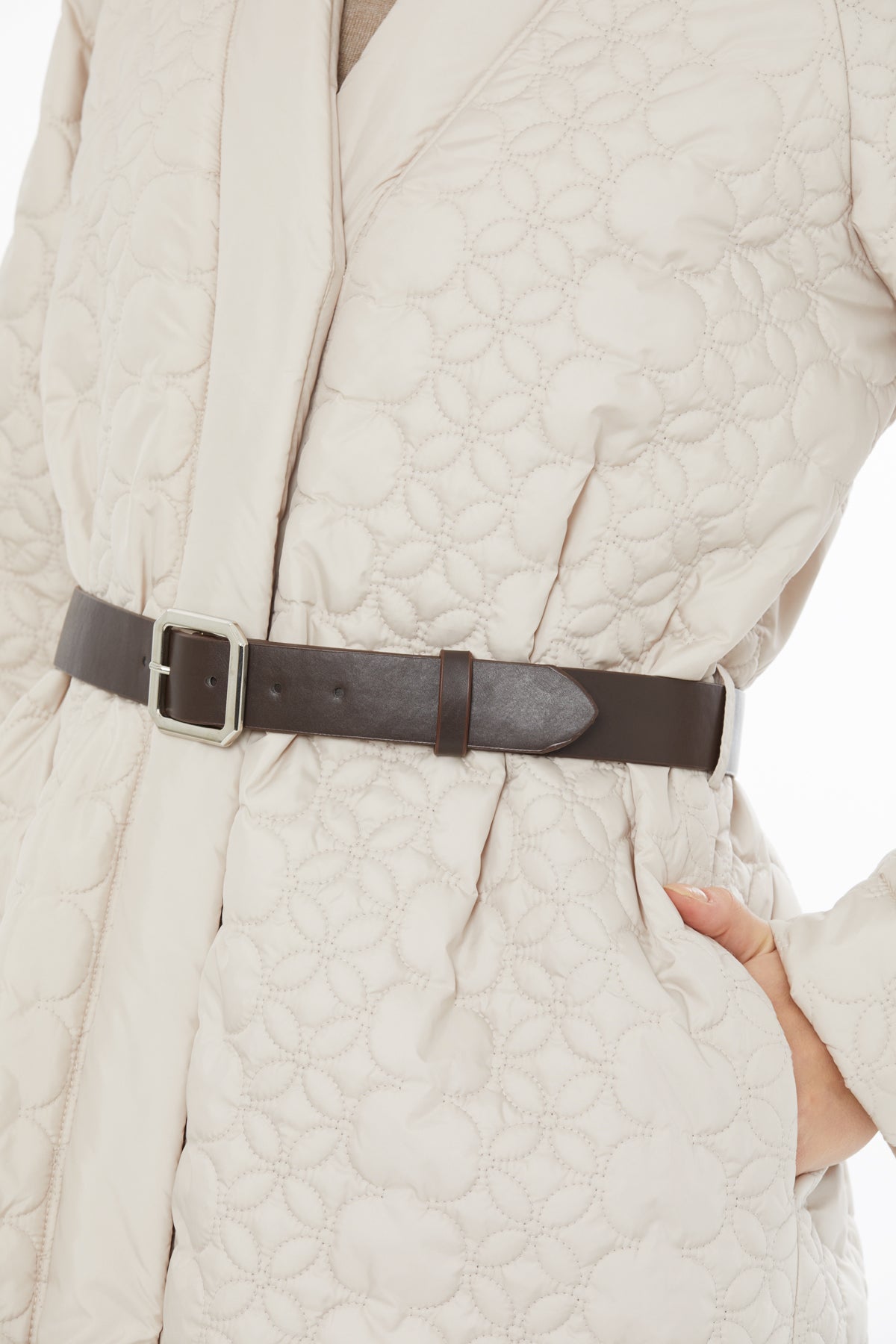 Beige Belted Long Quilted Coat