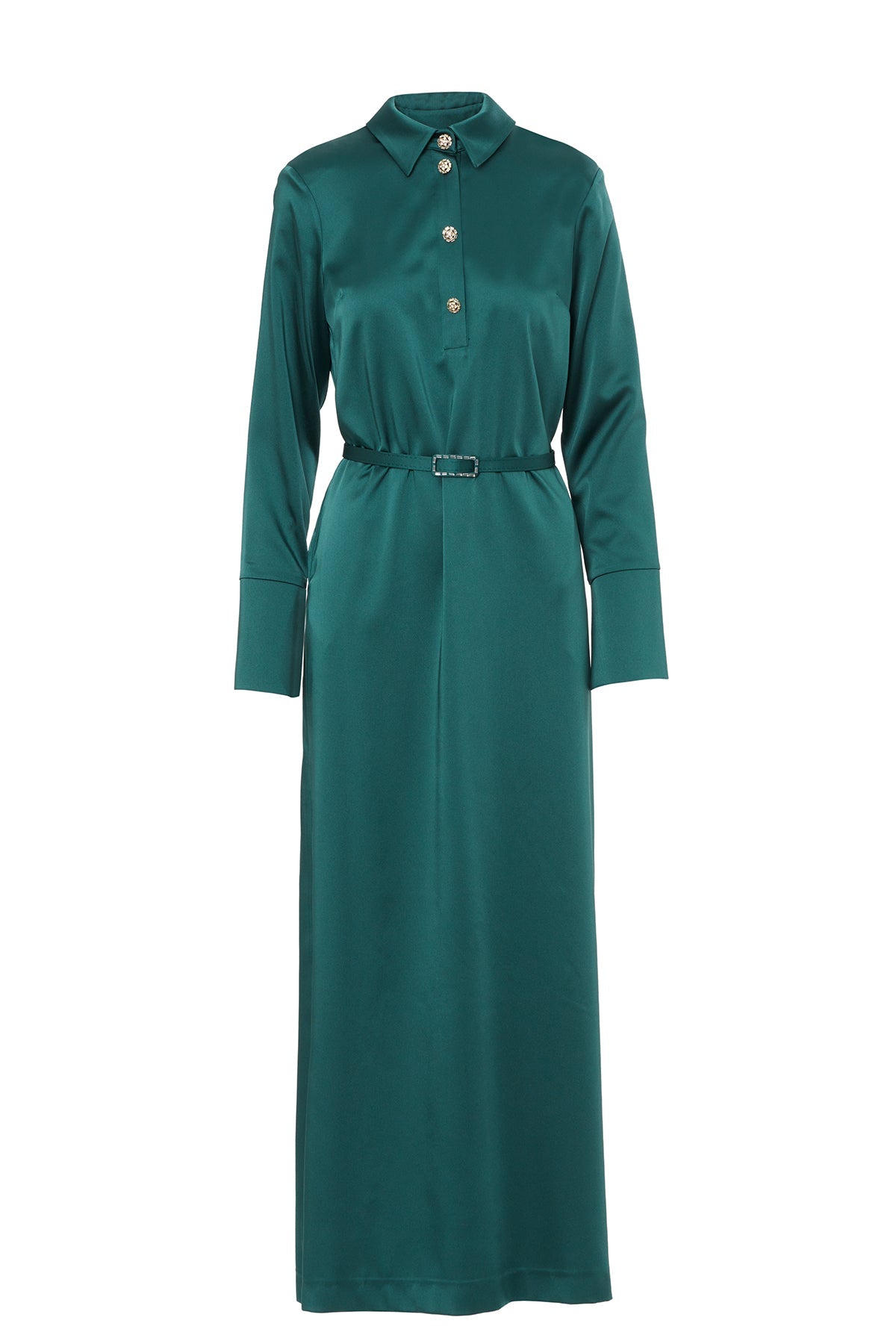 Green Belted Long-Sleeved Maxi Dress