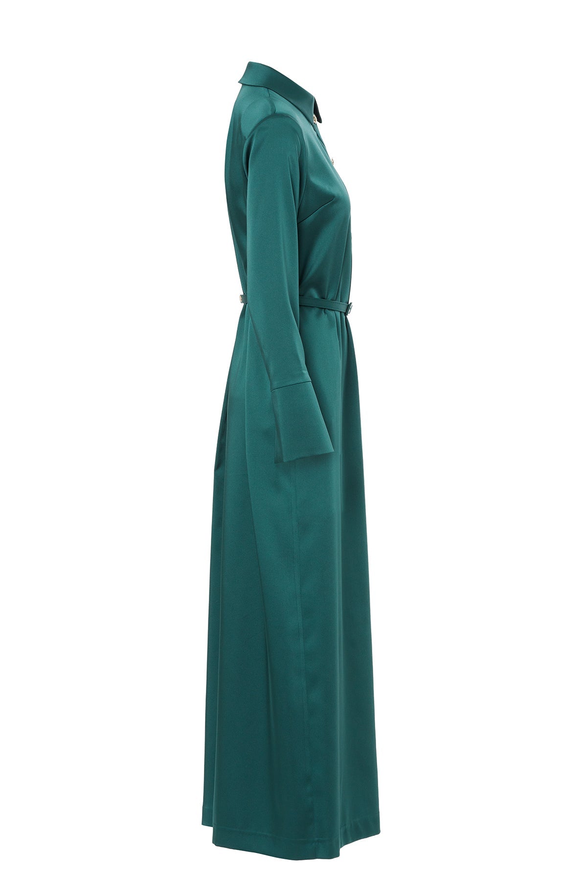 Green Belted Long-Sleeved Maxi Dress