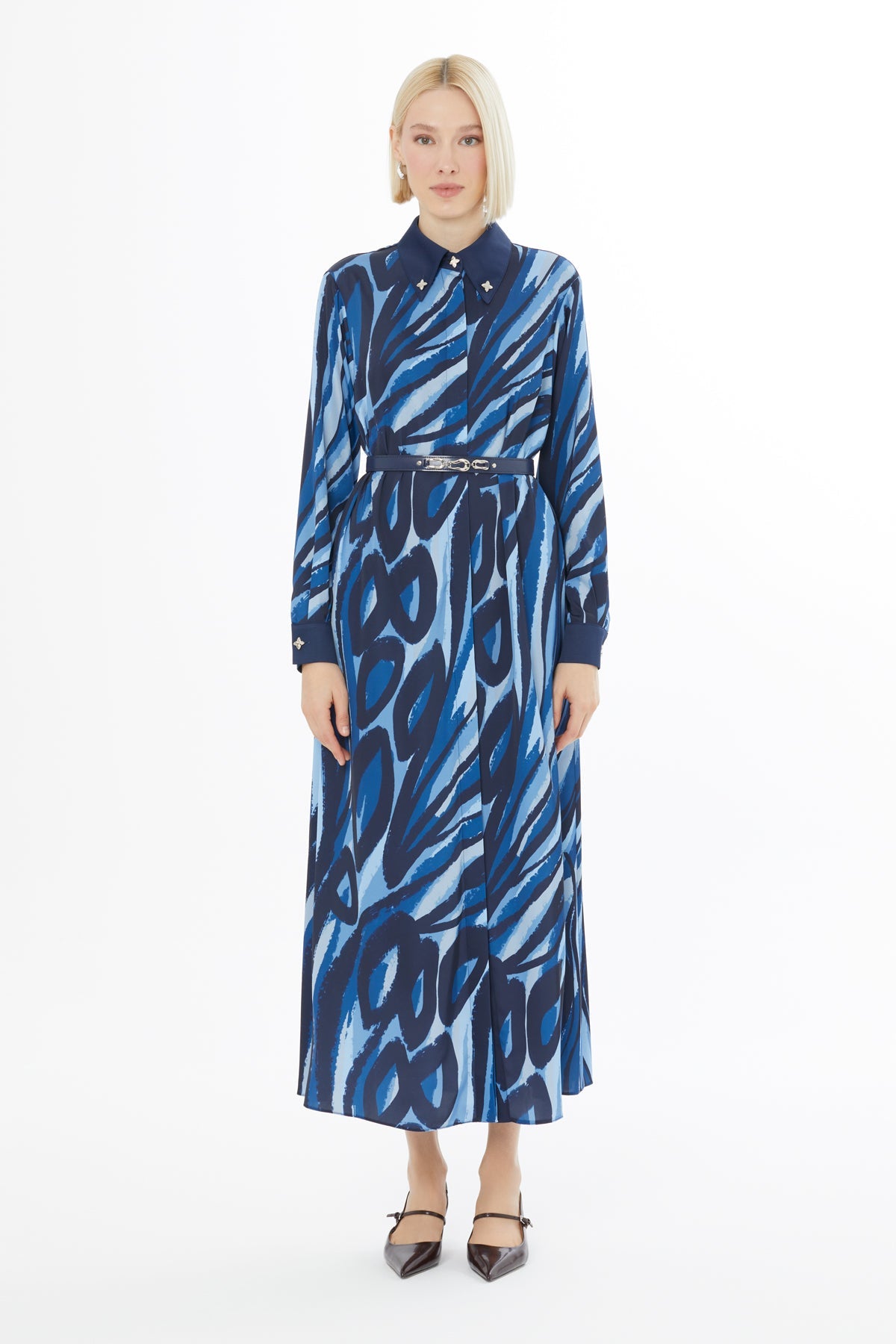 Printed Midi Dress with Shirt Collar