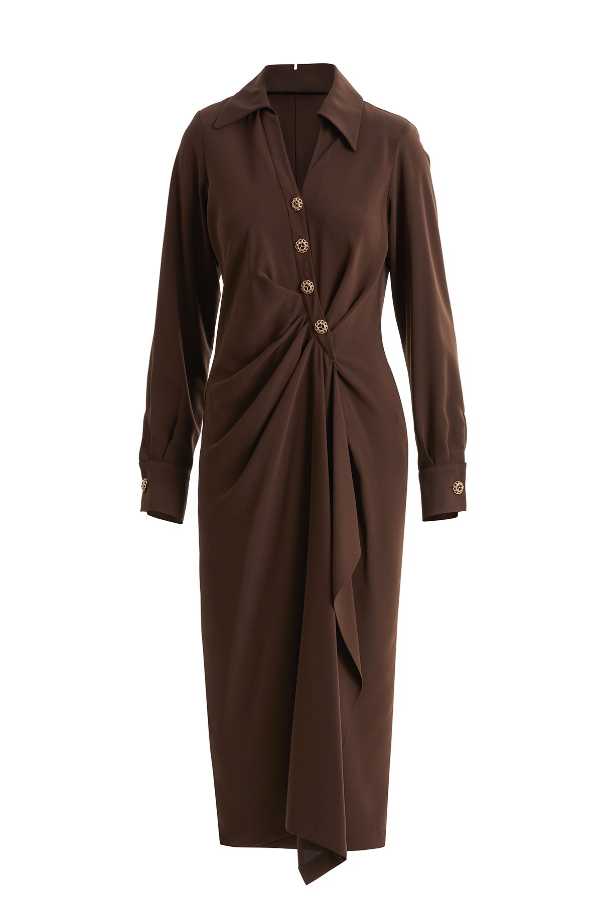 Brown Button-Front Midi Dress