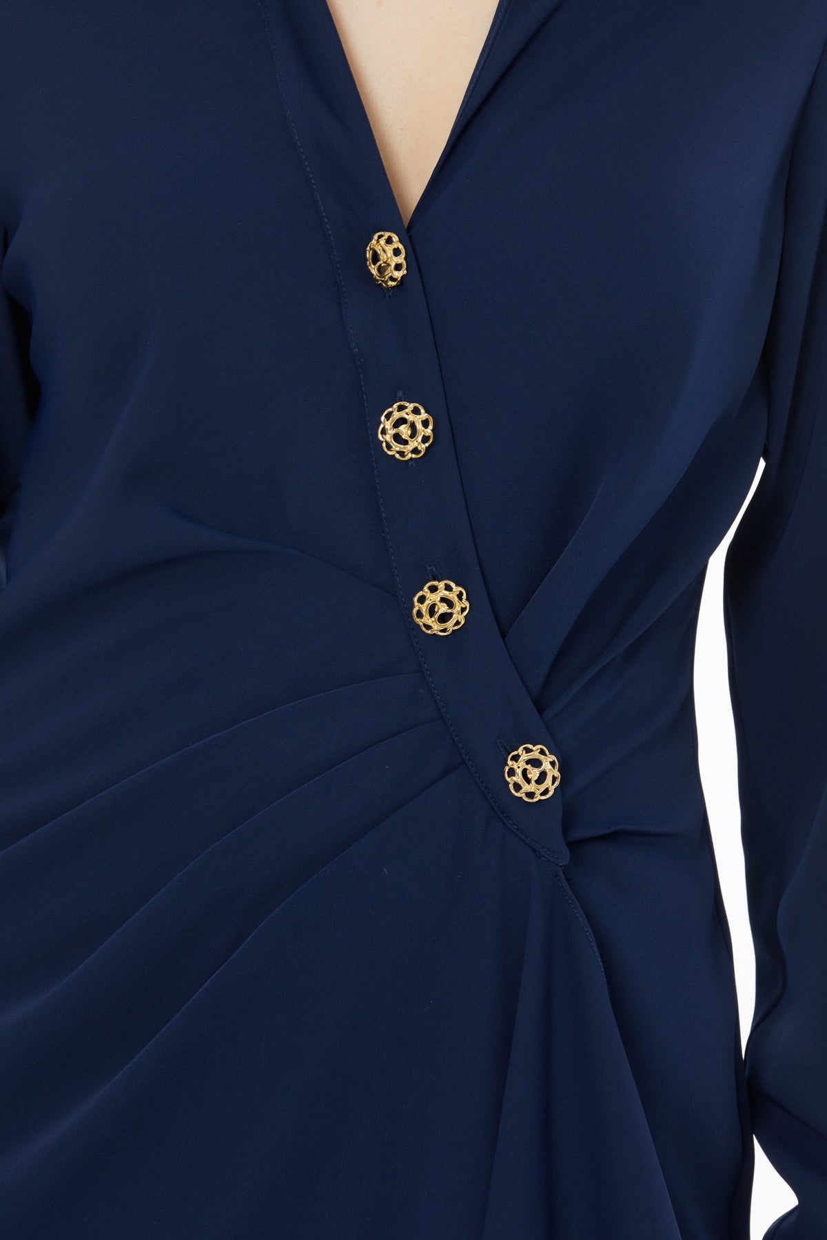 Navy Button-Front Midi Dress