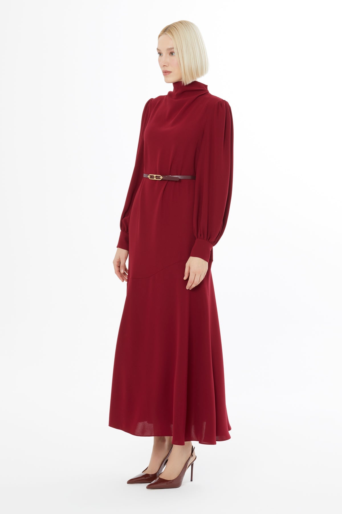 Burgundy Long Dress with Buttoned Sleeves