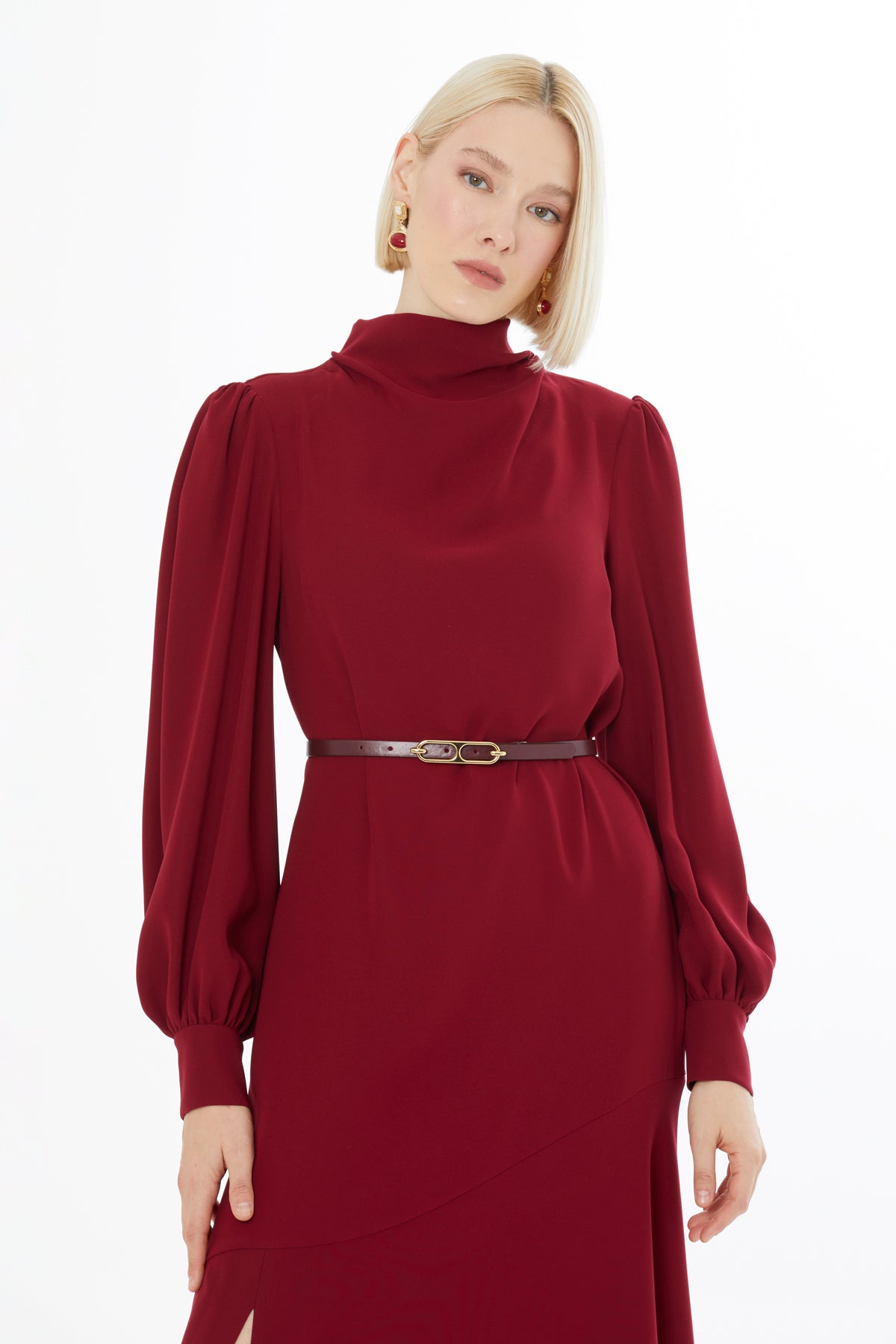 Burgundy Long Dress with Buttoned Sleeves