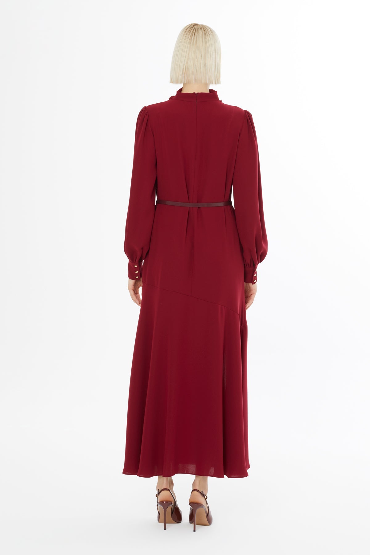 Burgundy Long Dress with Buttoned Sleeves