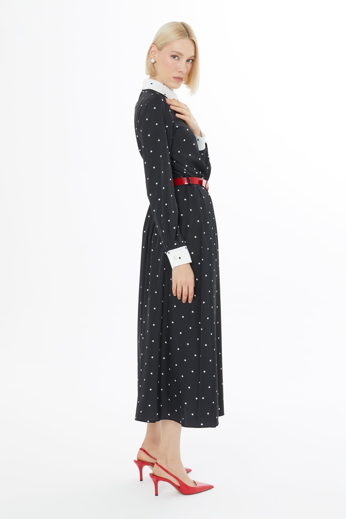 Polka Dot Belted Midi Dress