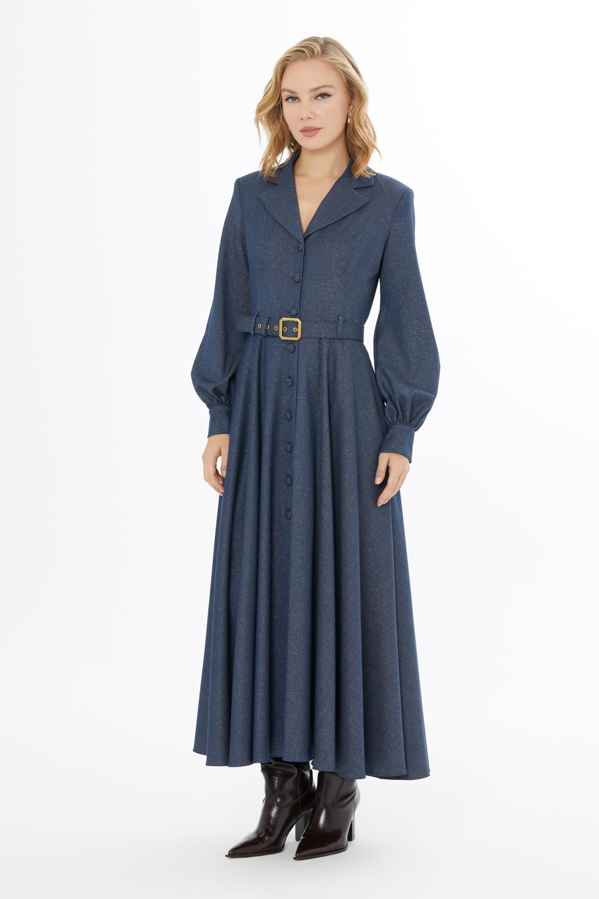 Navy Button-Fastening Long Dress