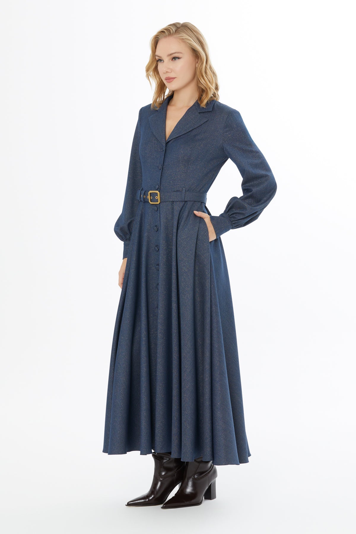 Navy Button-Fastening Long Dress
