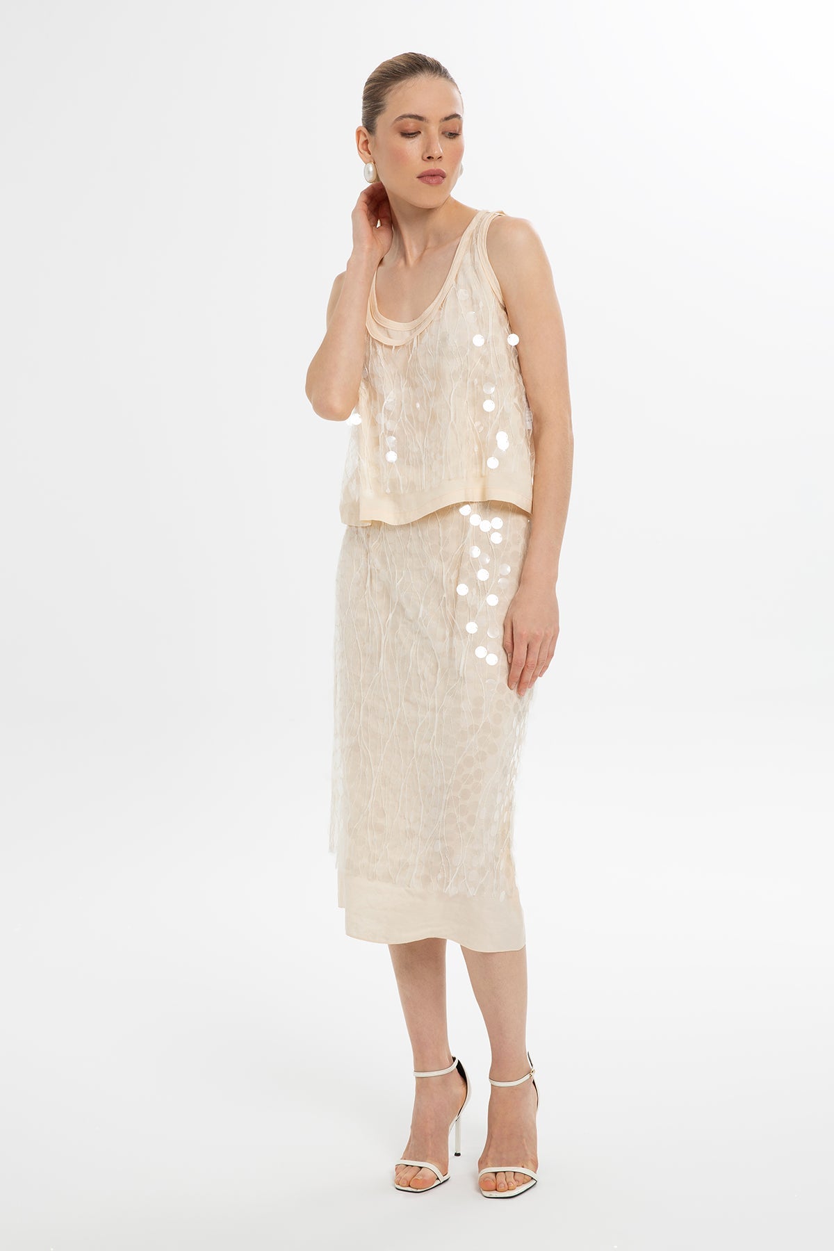 Ecru Sequined Sleeveless Blouse