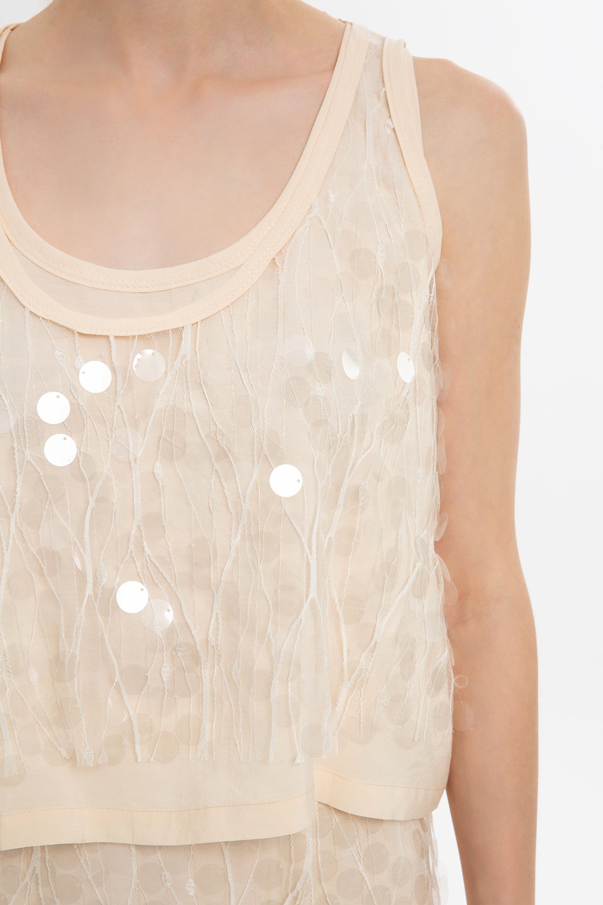 Ecru Sequined Sleeveless Blouse