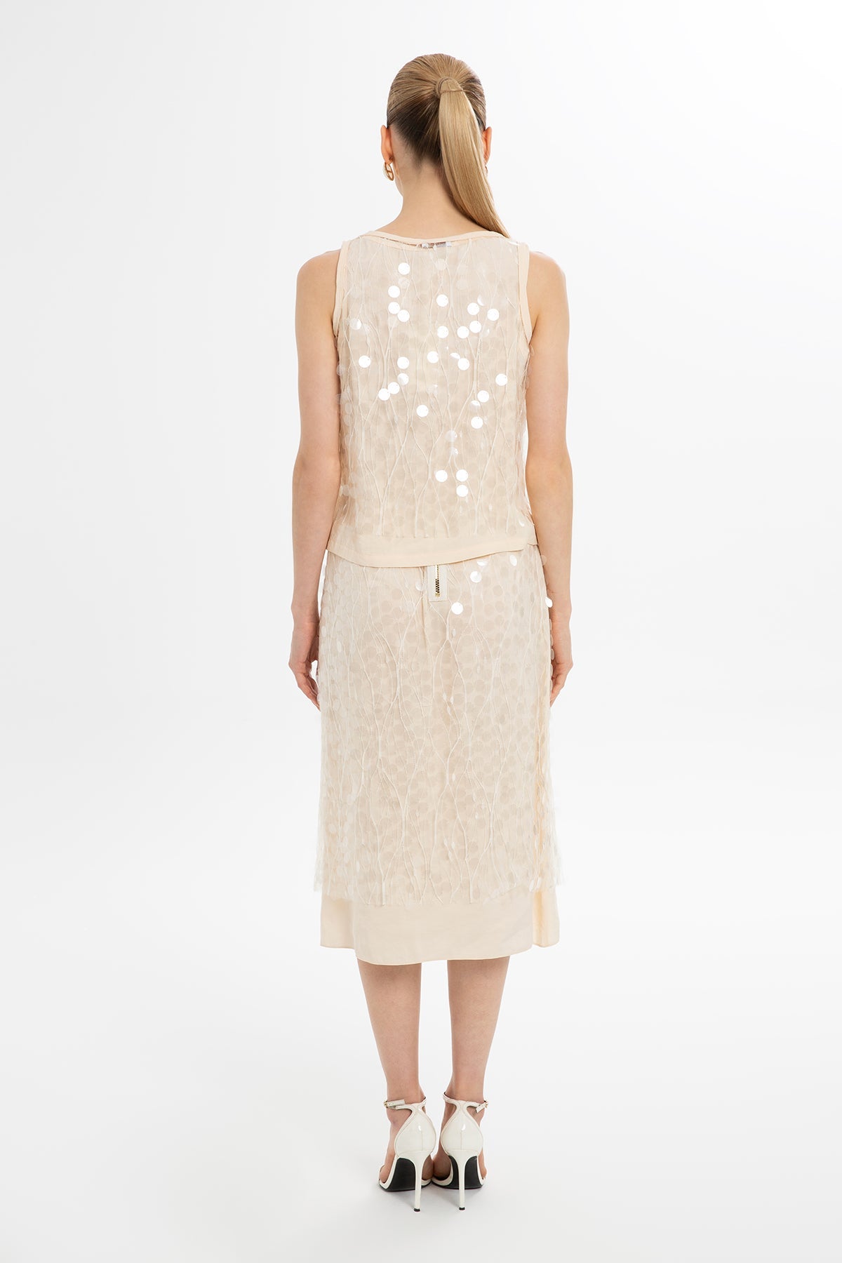 Ecru Sequined Sleeveless Blouse